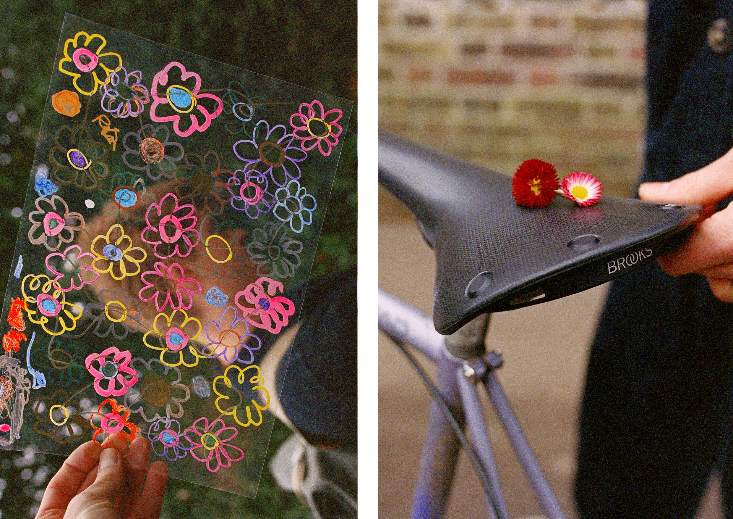 Drawings of flowers; flowers on a bike seat