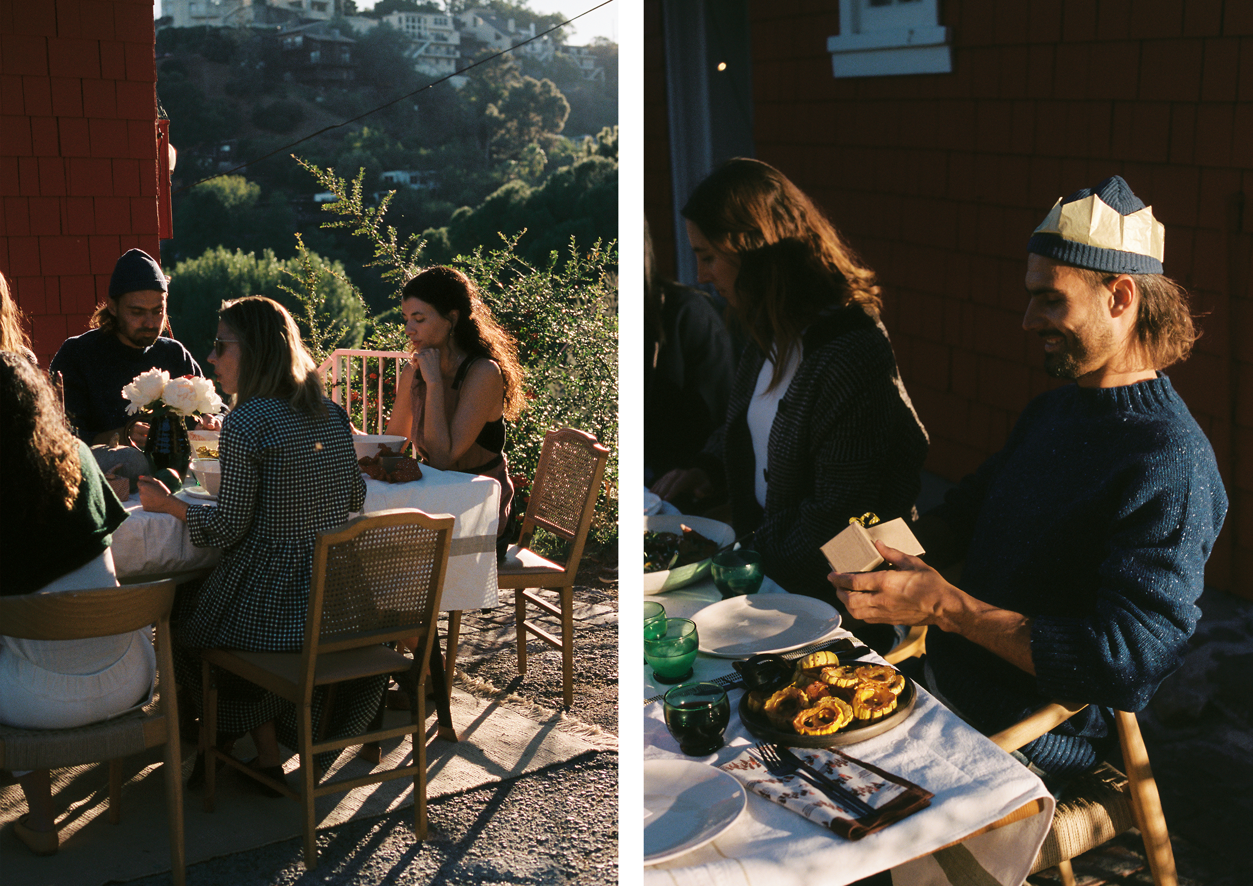 Guests sat outside at a dinner party