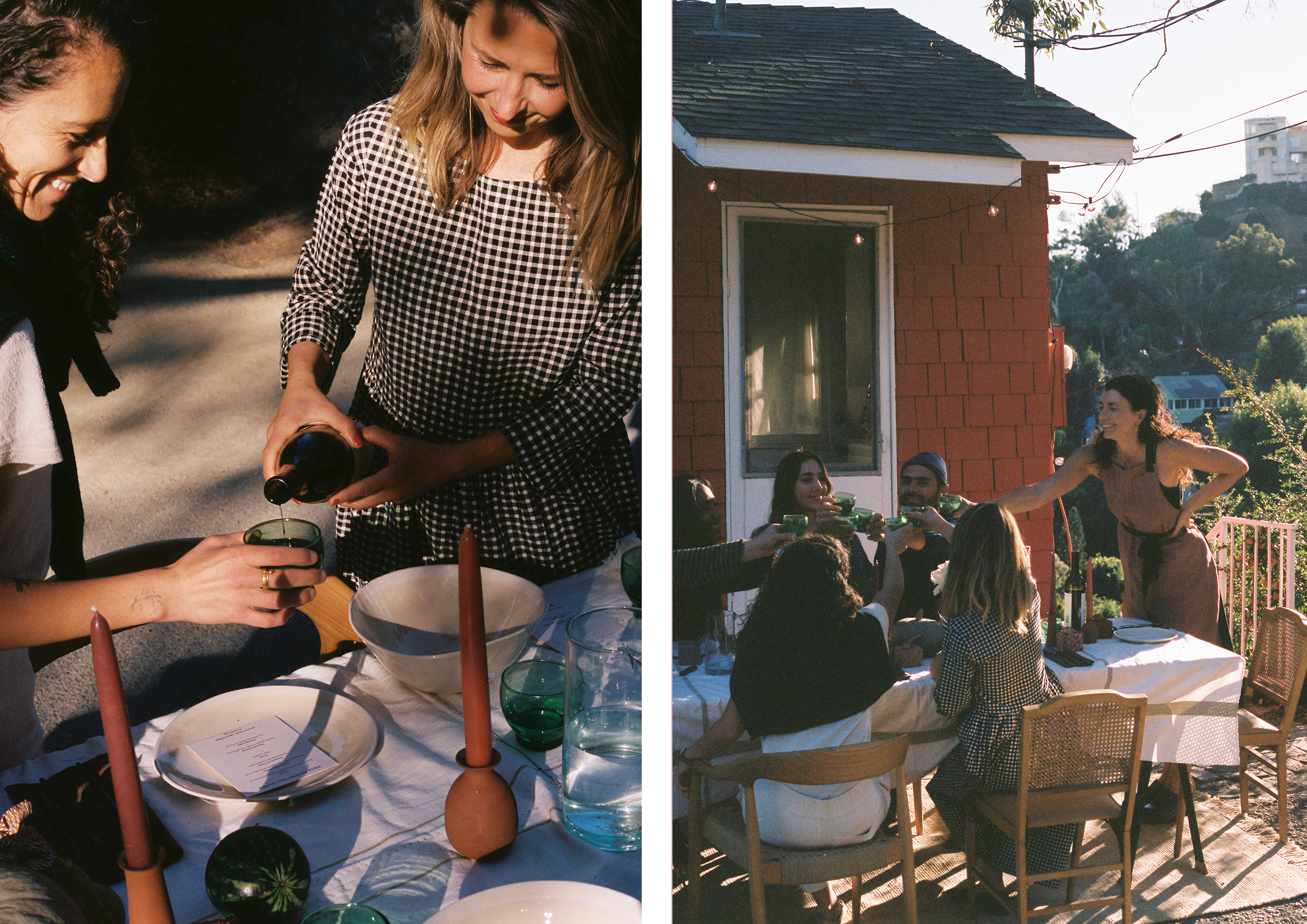 Guests serving drinks at an outdoor dinner party