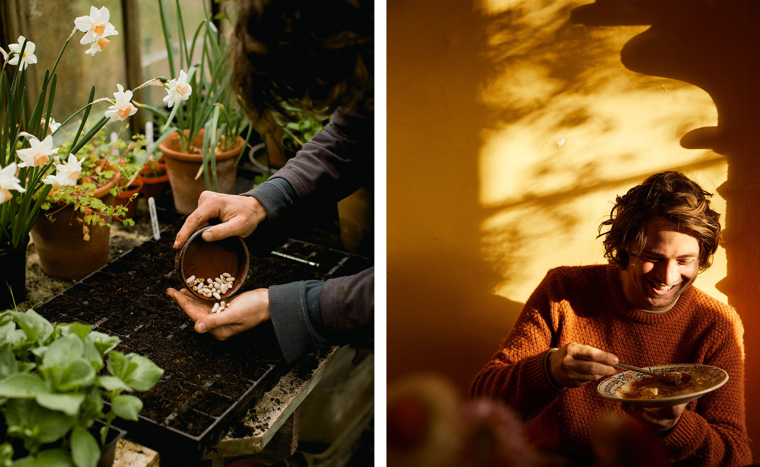 Hand planting seeds and a man sat eating food.