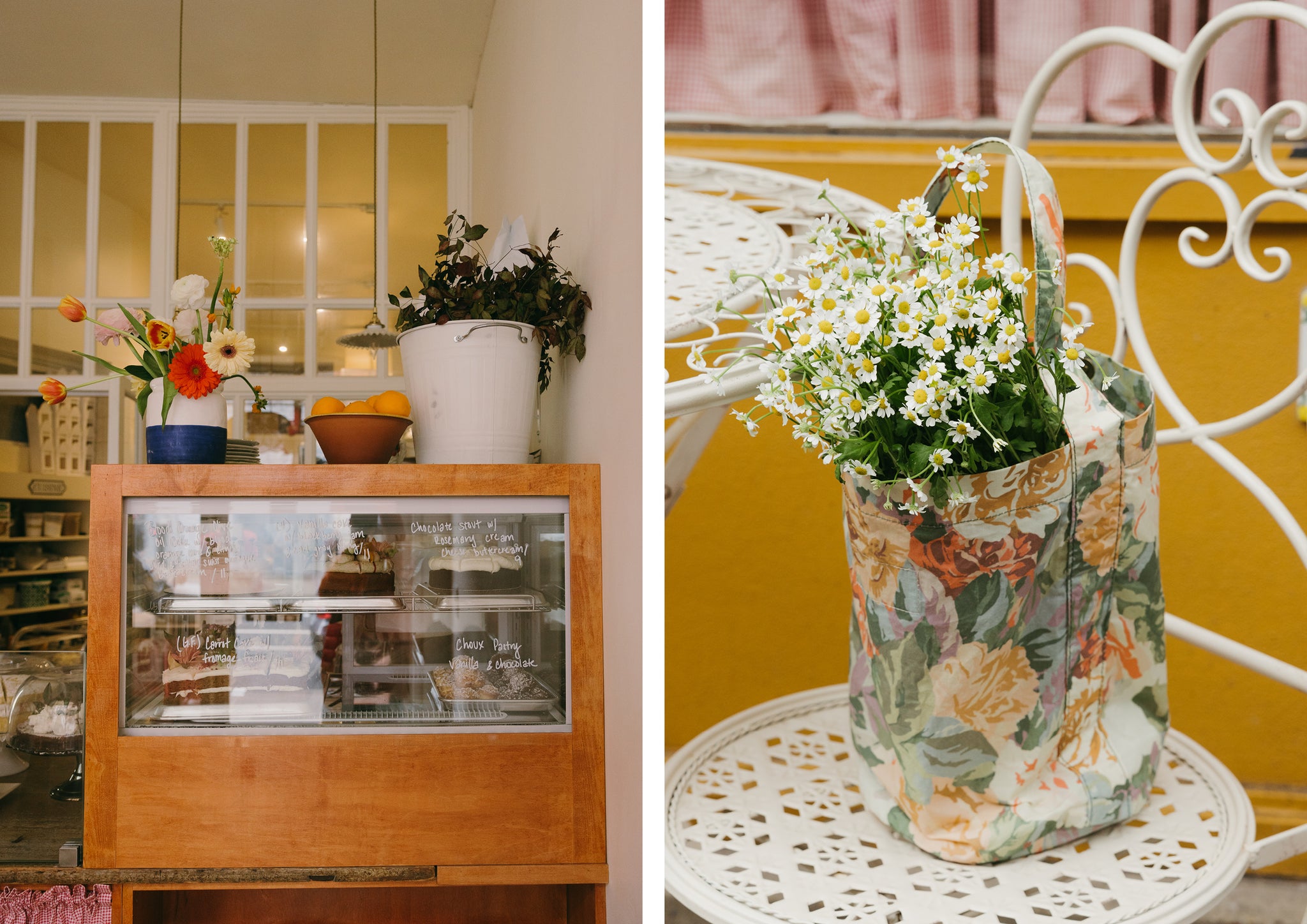 Details in a yellow bakery; flowers in a floral bag on a chair