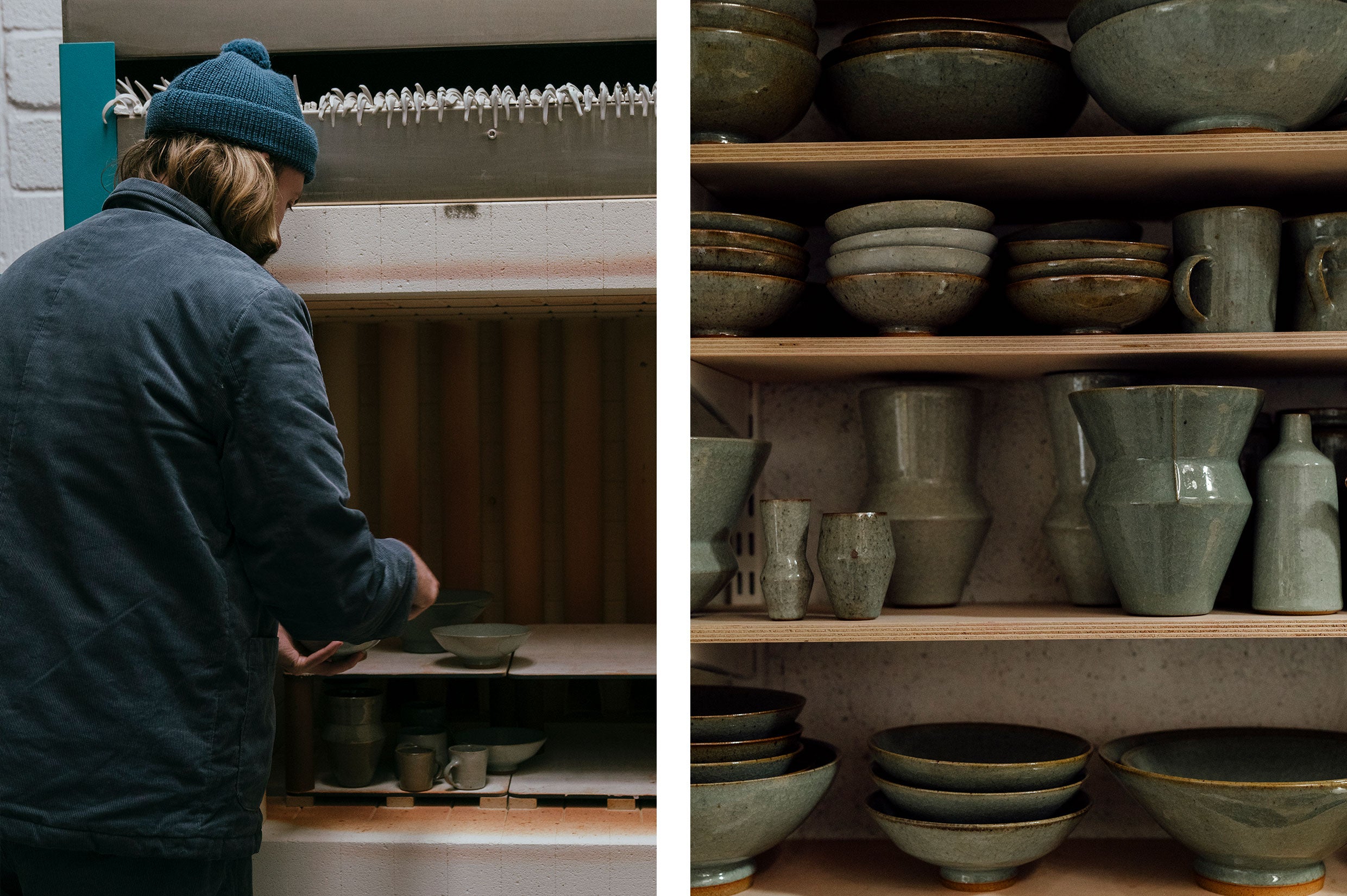 Man in blue jacket unloading a pottery kiln