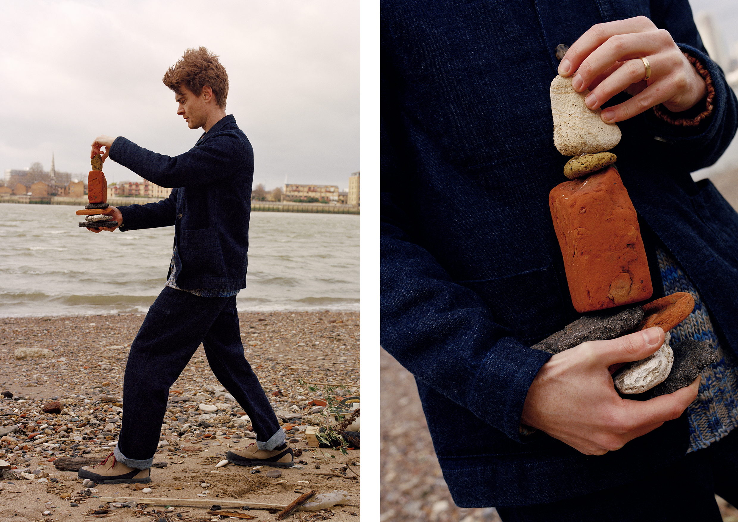 Man stacking rocks on a beach