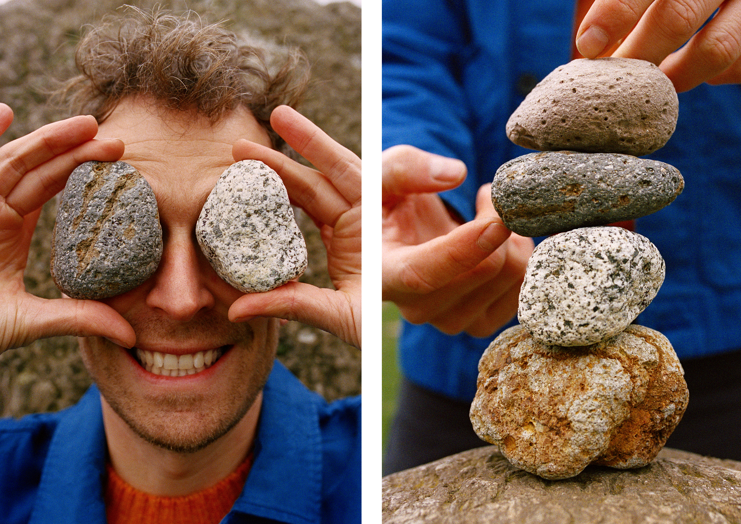 Man holding rocks in front of his eyes