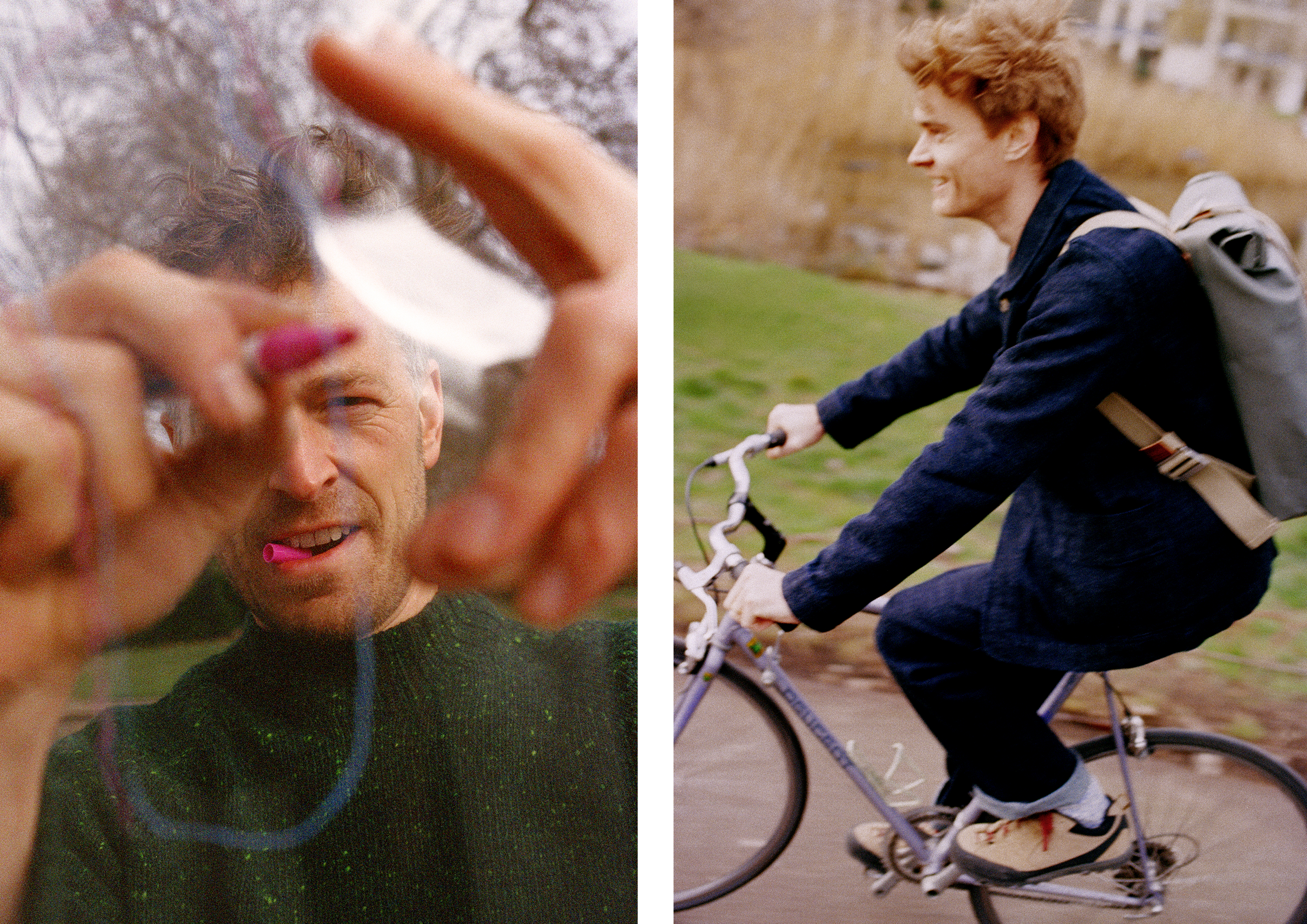 Man drawing on camera lens; cycling on a bike