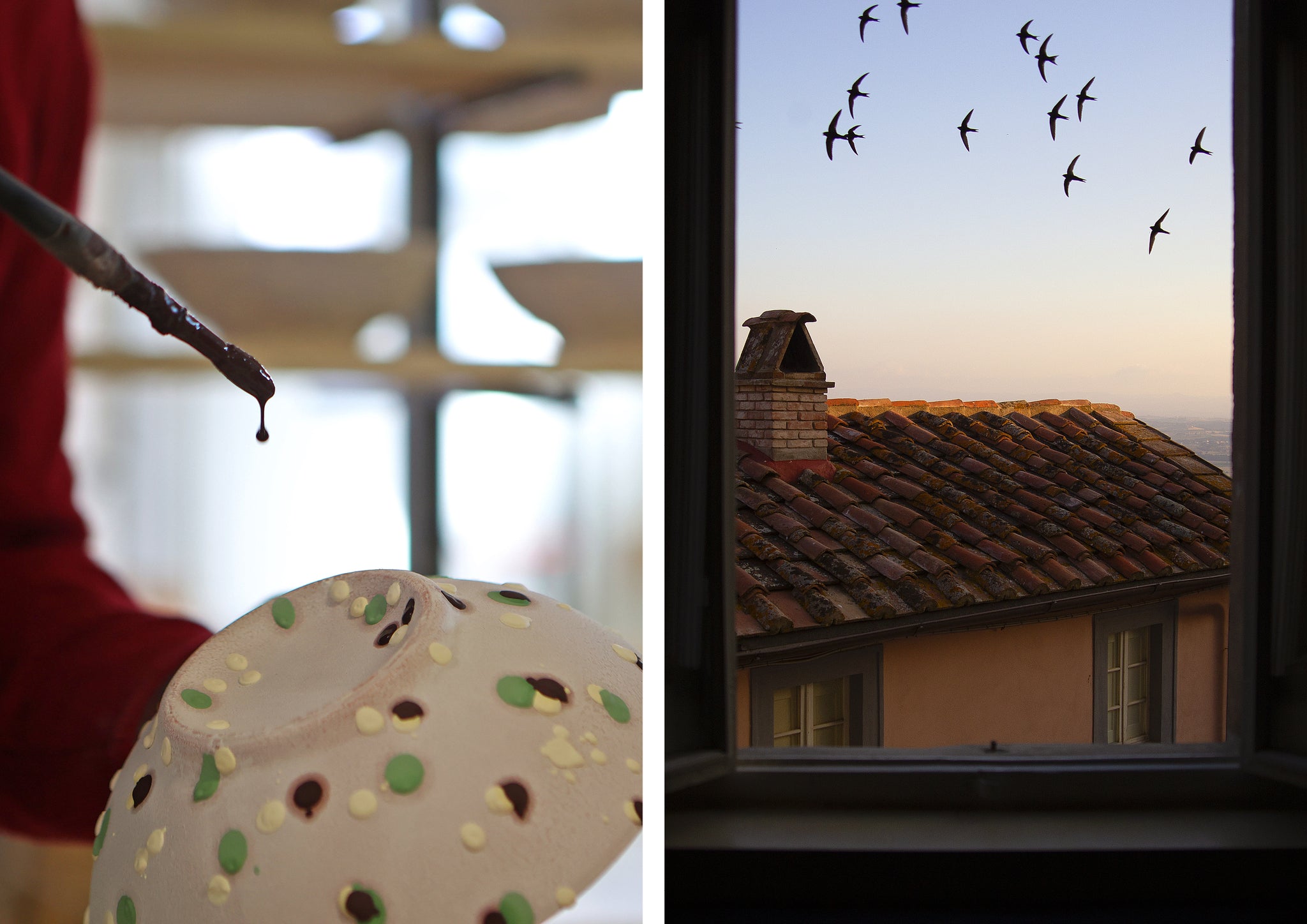 Splatter slipware decoration, a view of birds flying in the sky