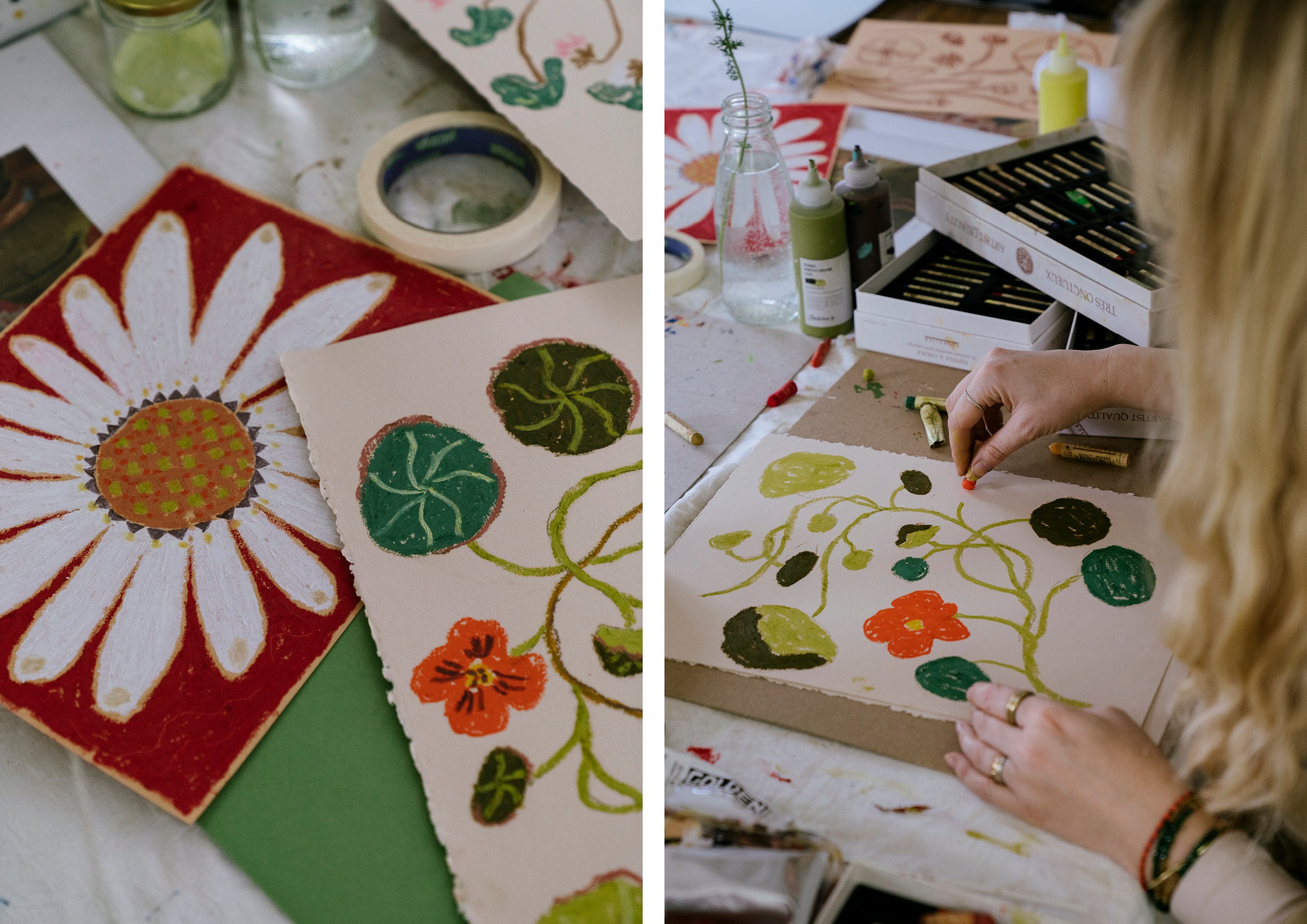 Oil pastels of nasturtiums and daisies