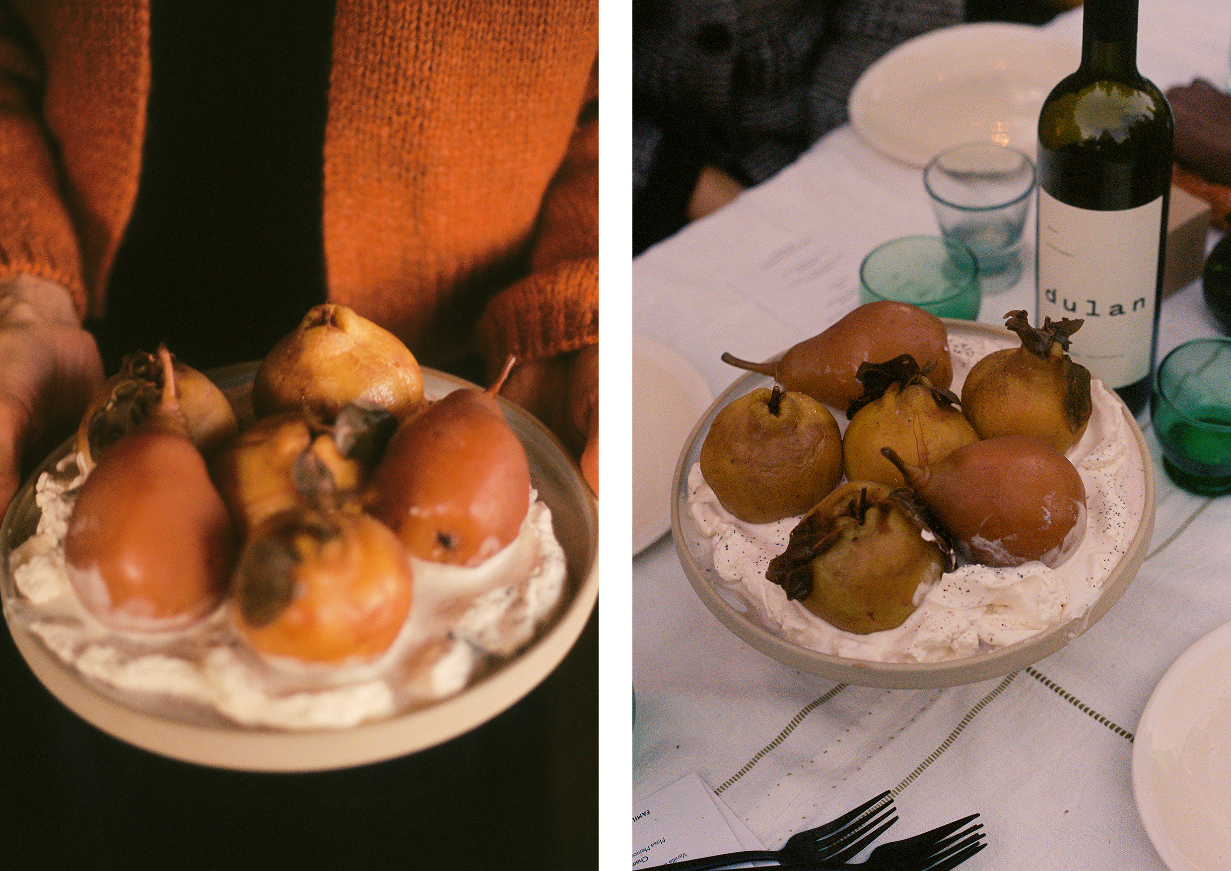 Poached pears and whipped cream on a plate