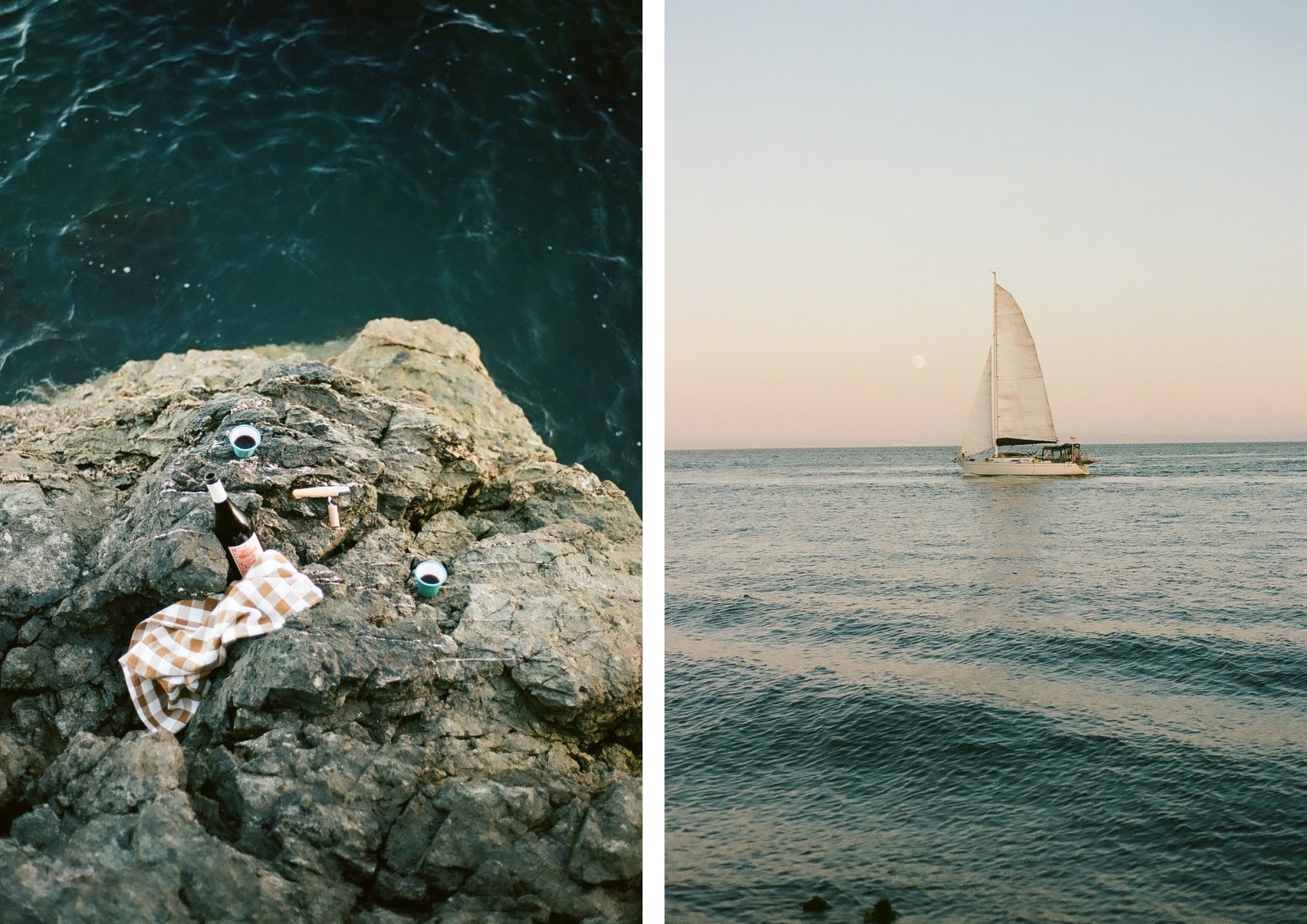 Picnic items on a rock in the sea