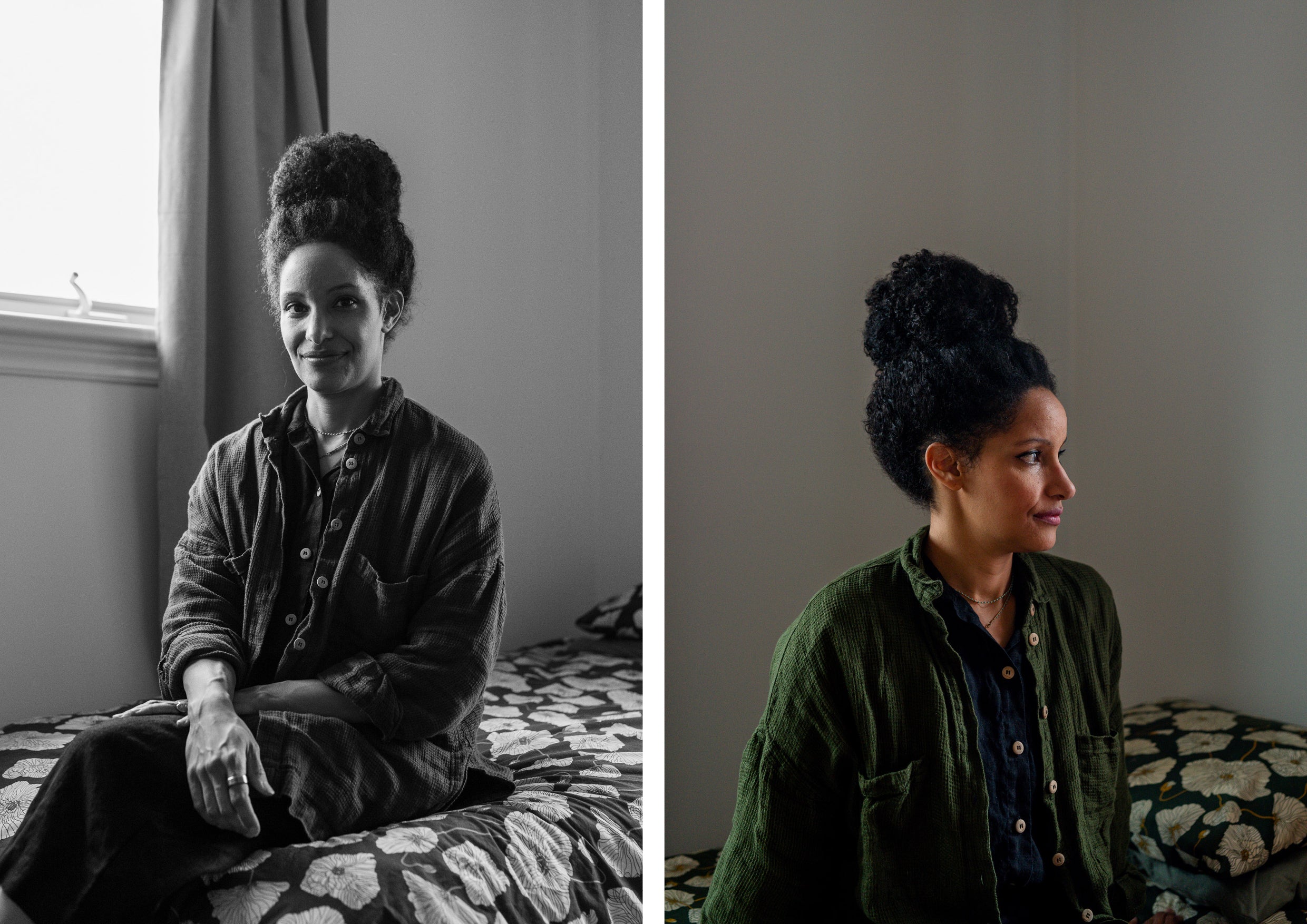 Portraits of a woman sat on a bed