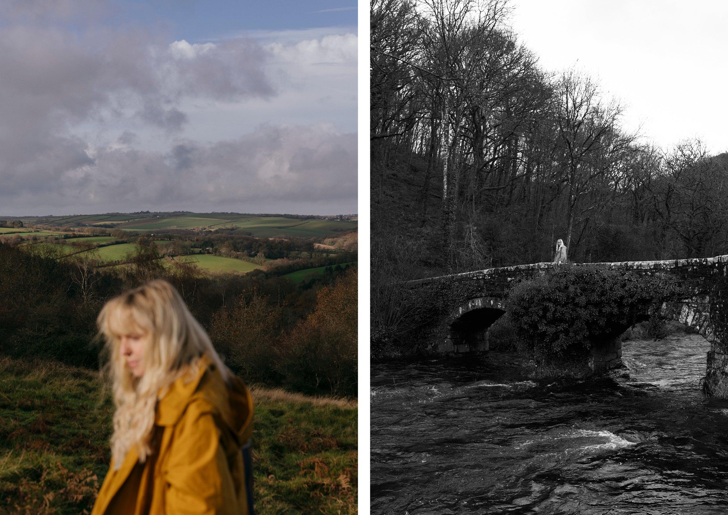 A woman in a yellow coat walking in the countryside