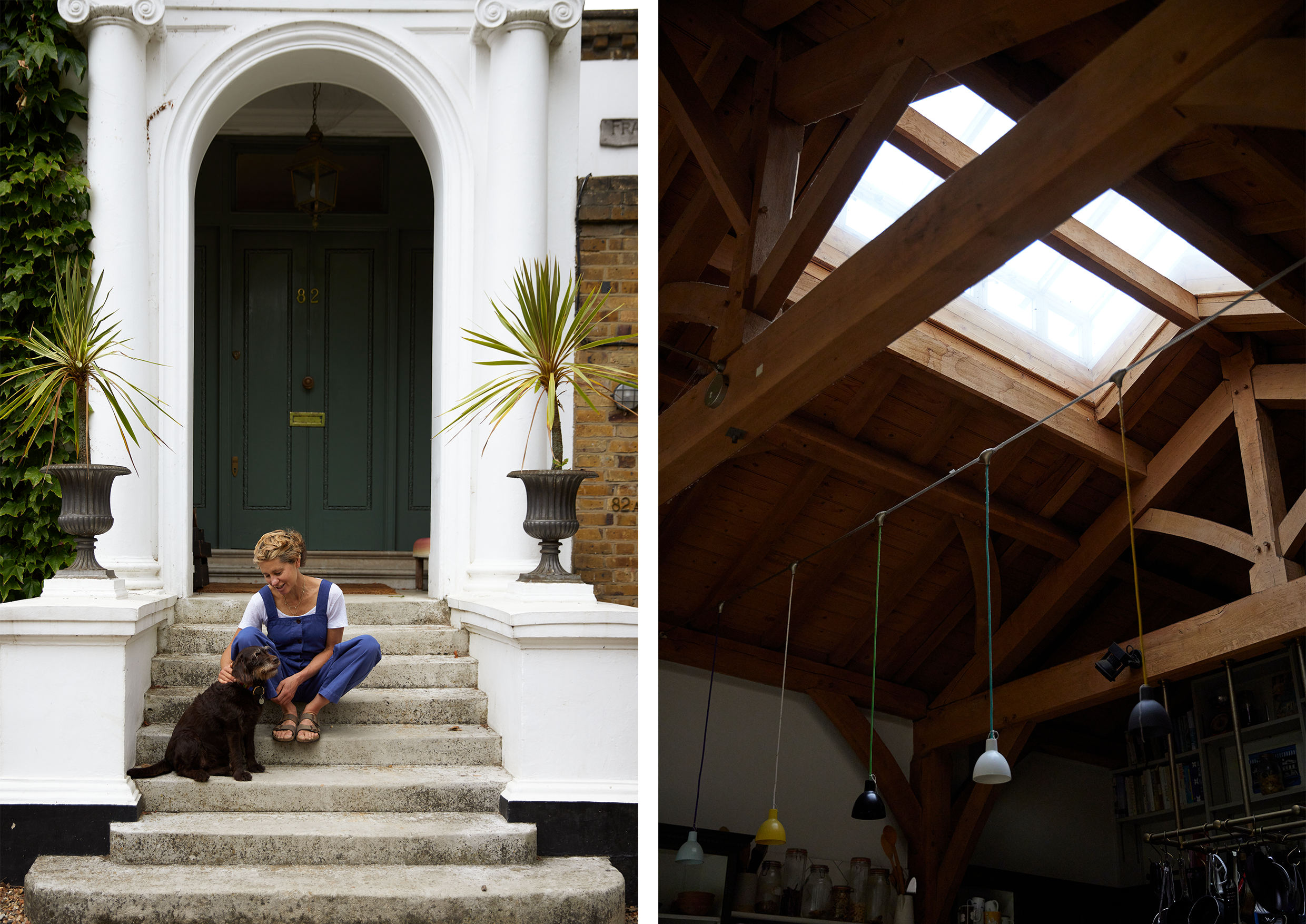 Woman outside house with dog