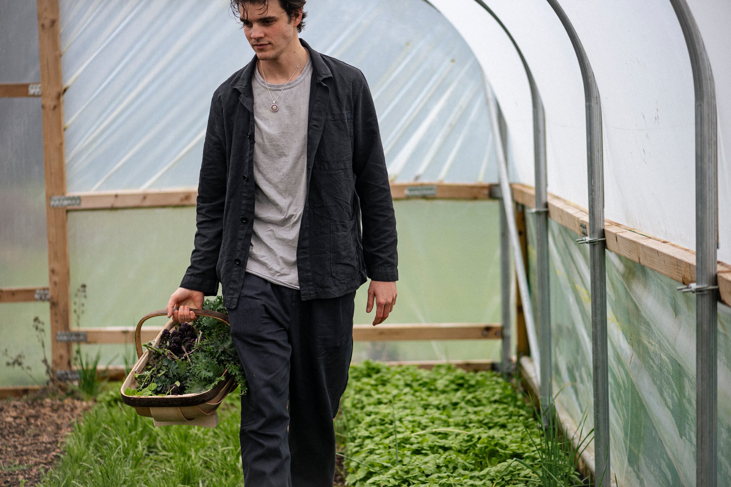 Man carrying fresh produce in a greenhouse