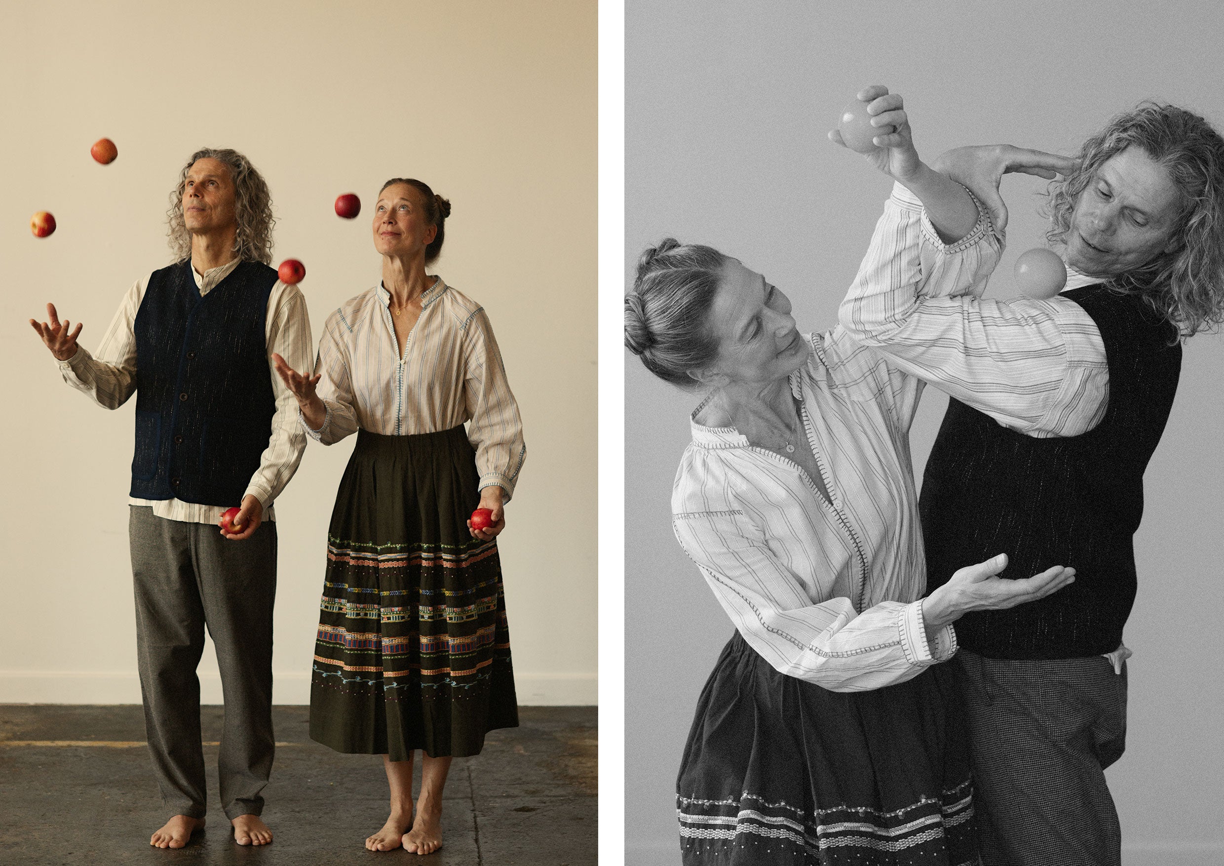 Two people juggling with fruit