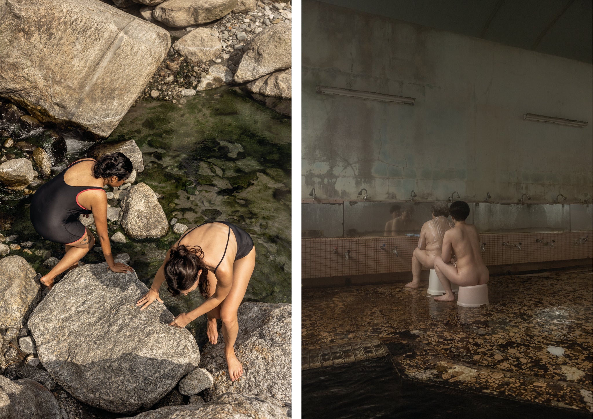 Two women by some rocks and two people washing