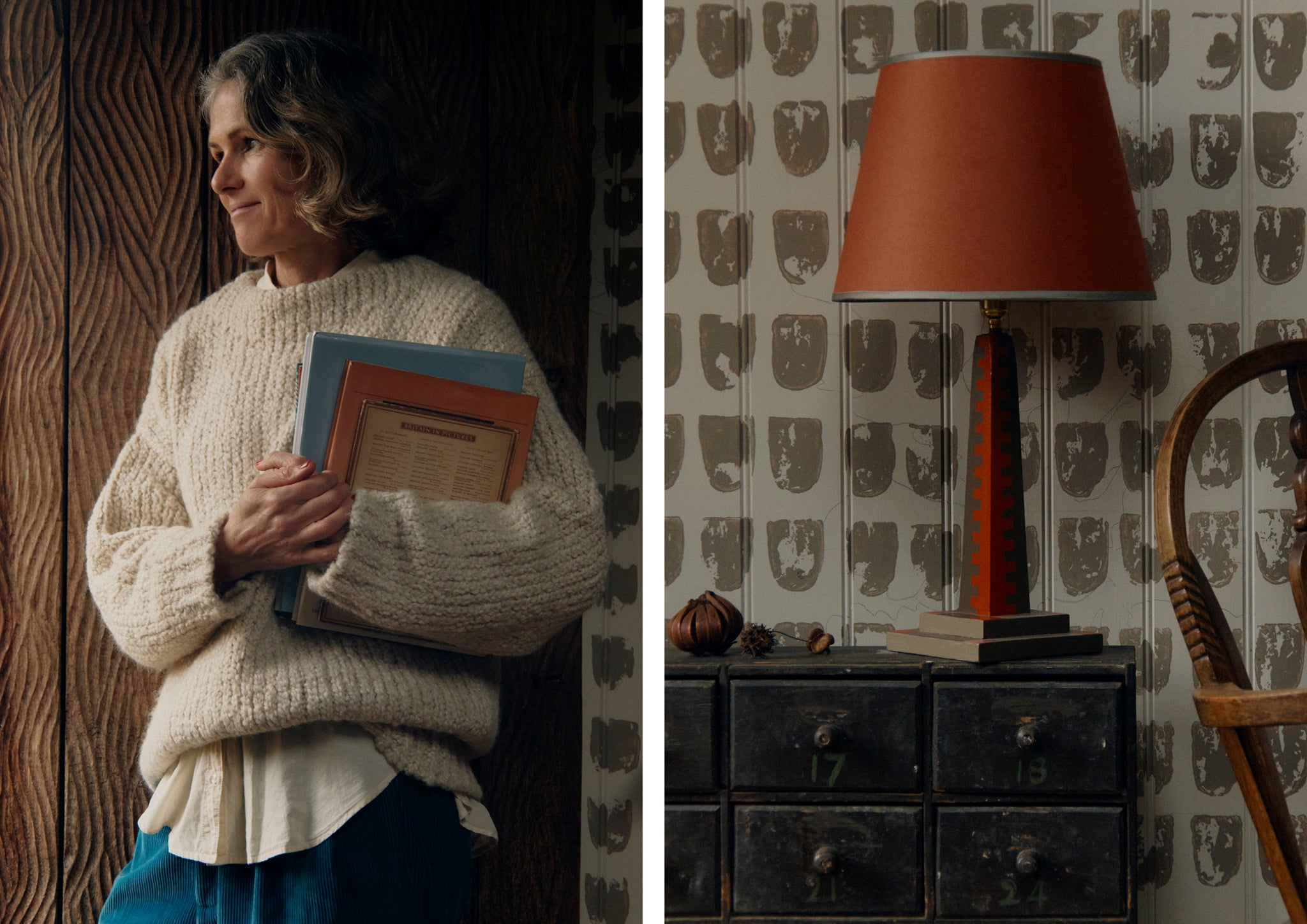 Woman holding a book; a red lamp.