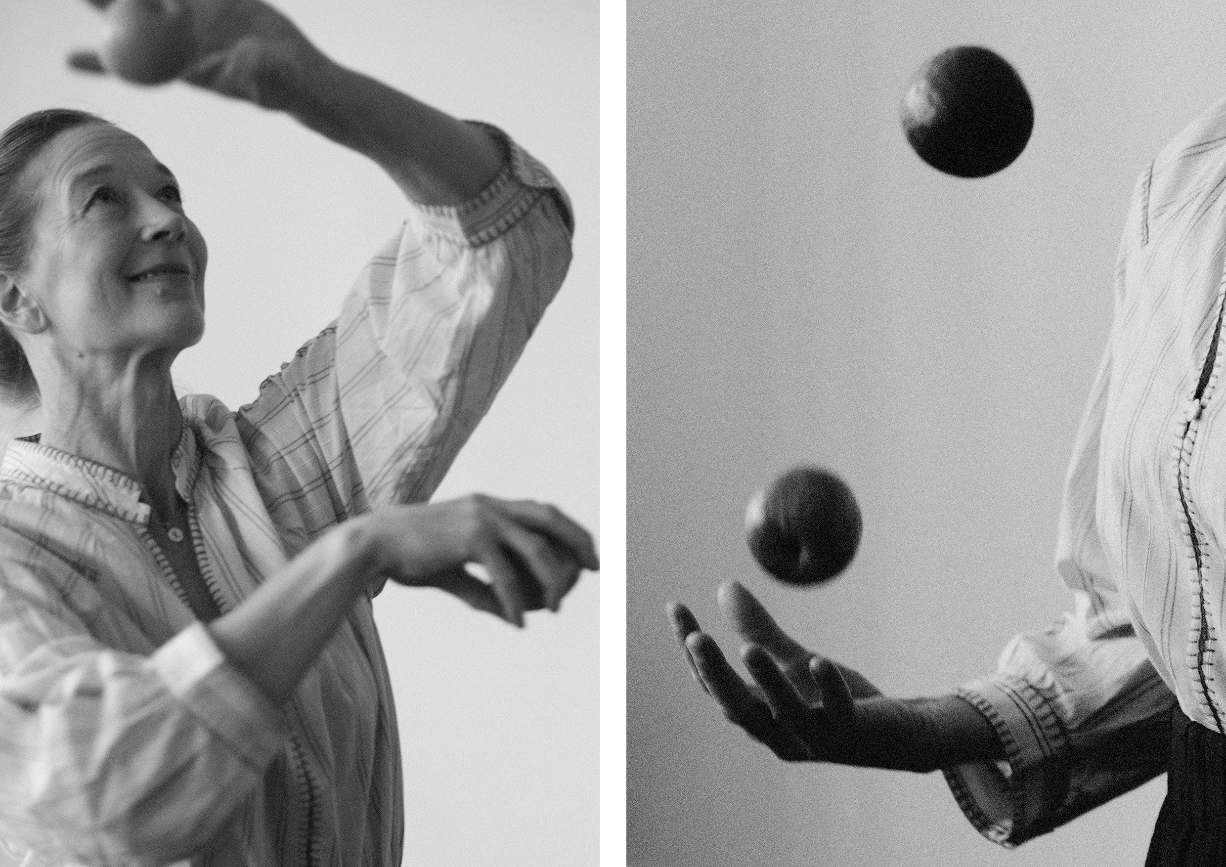 Woman juggling in black and white