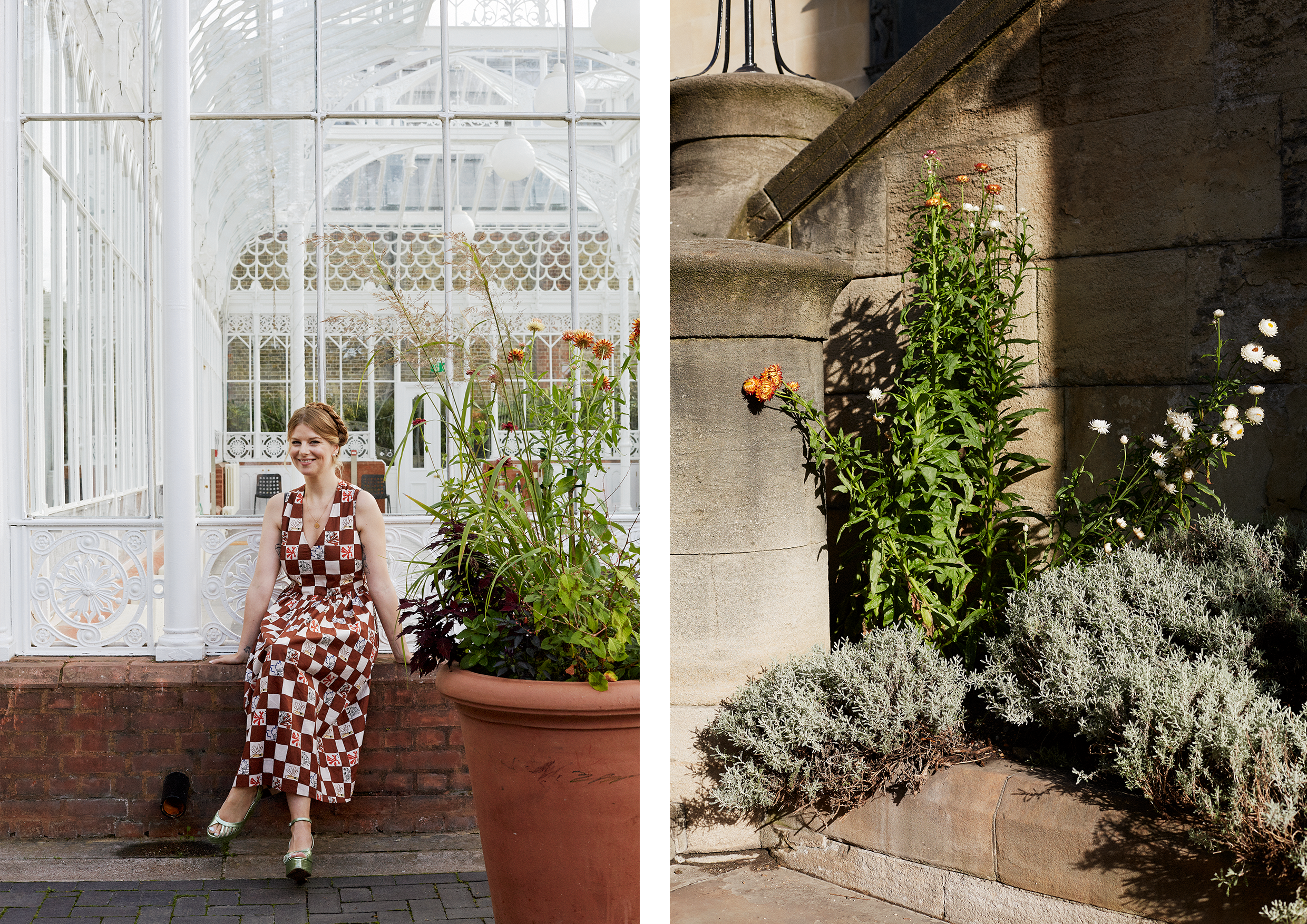 Woman sat in front of glasshouse