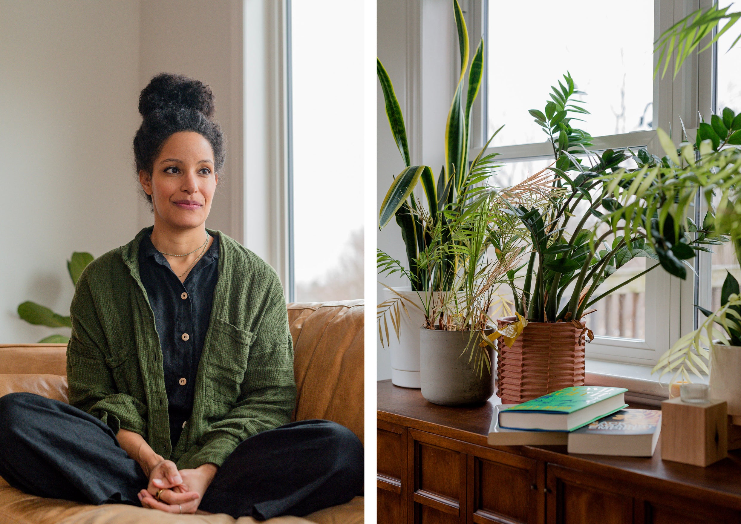 A woman sat on a sofa in a green shirt