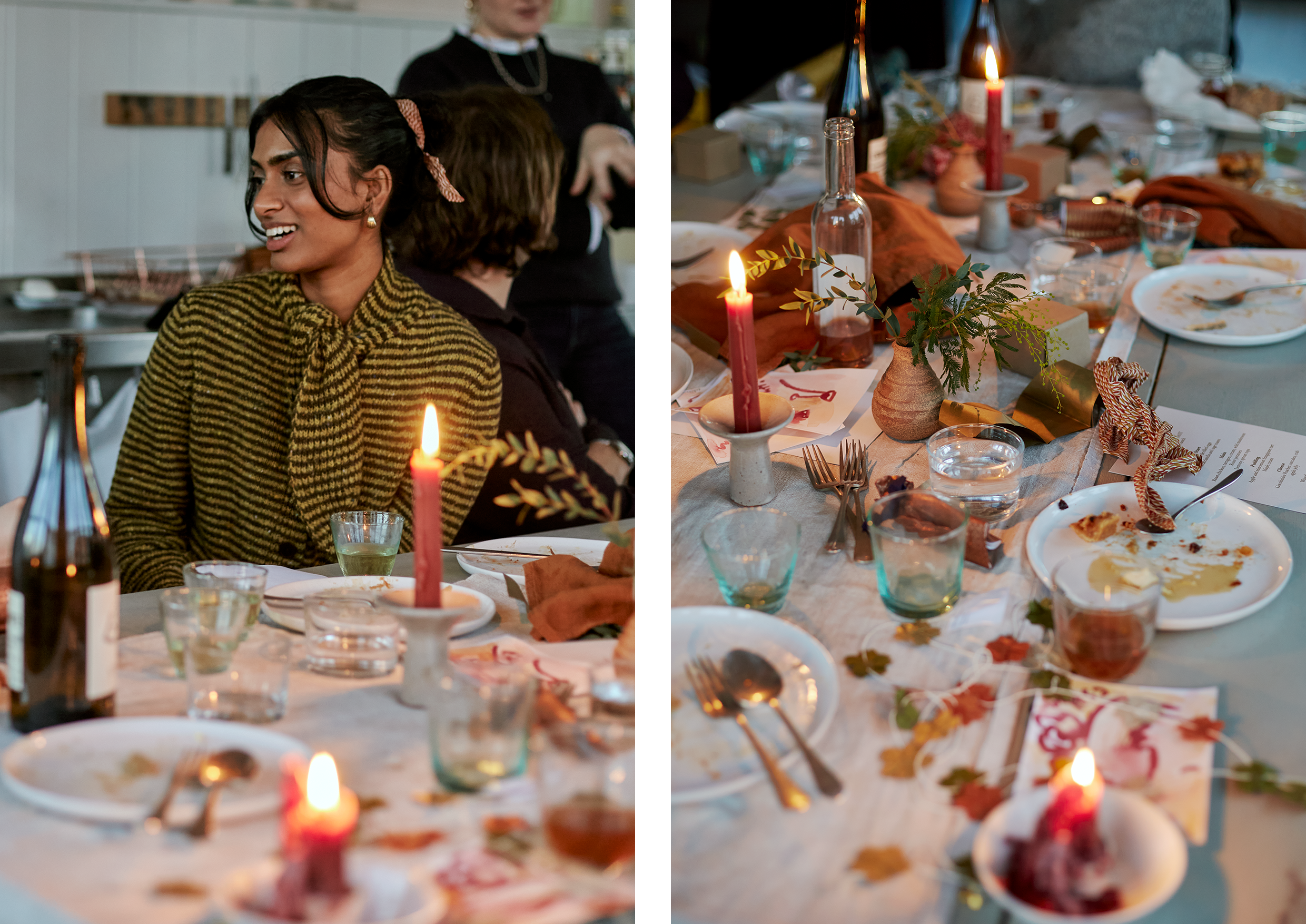 Woman sitting at table in green striped knit