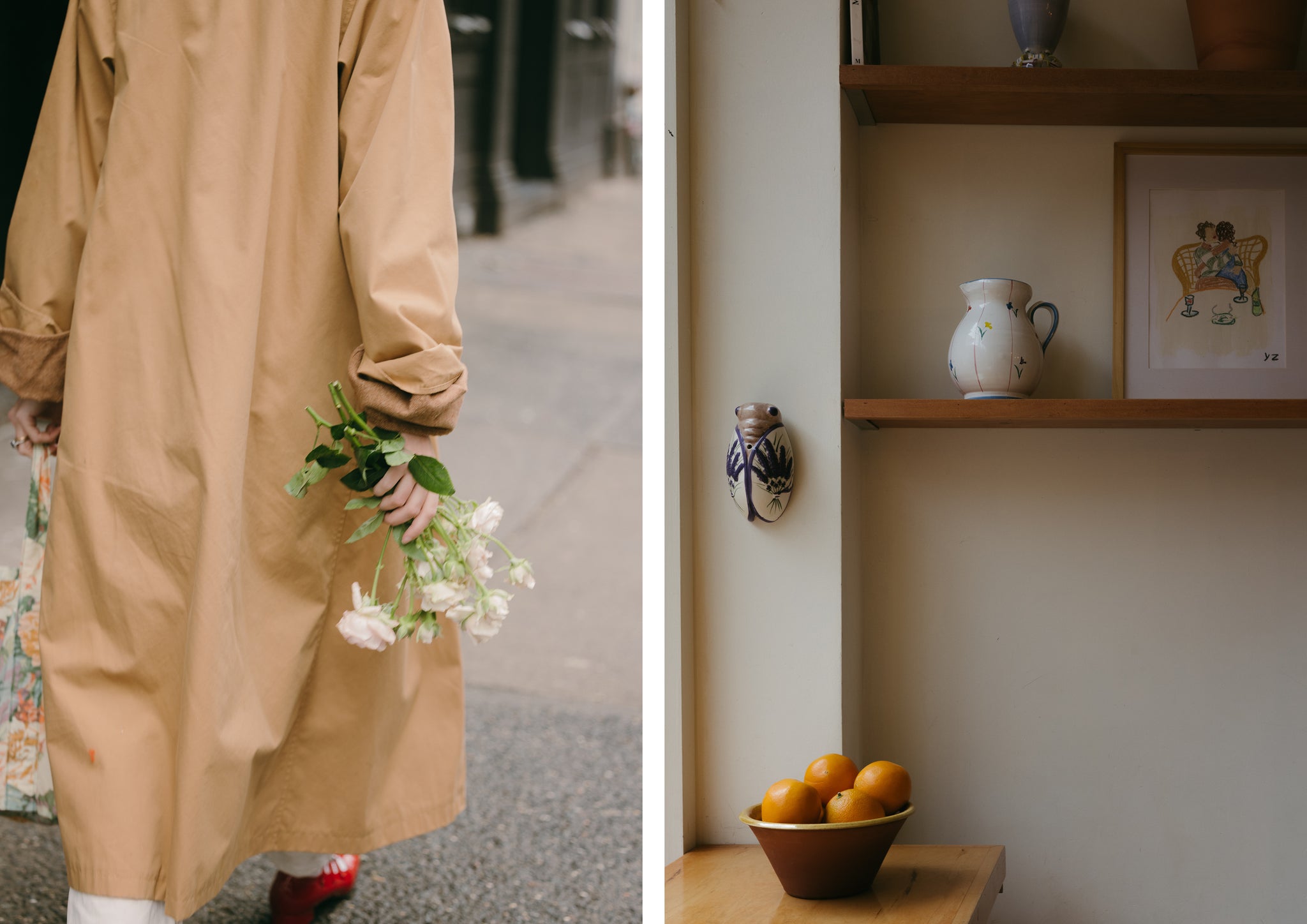 Woman wearing a trench coat holding flowers