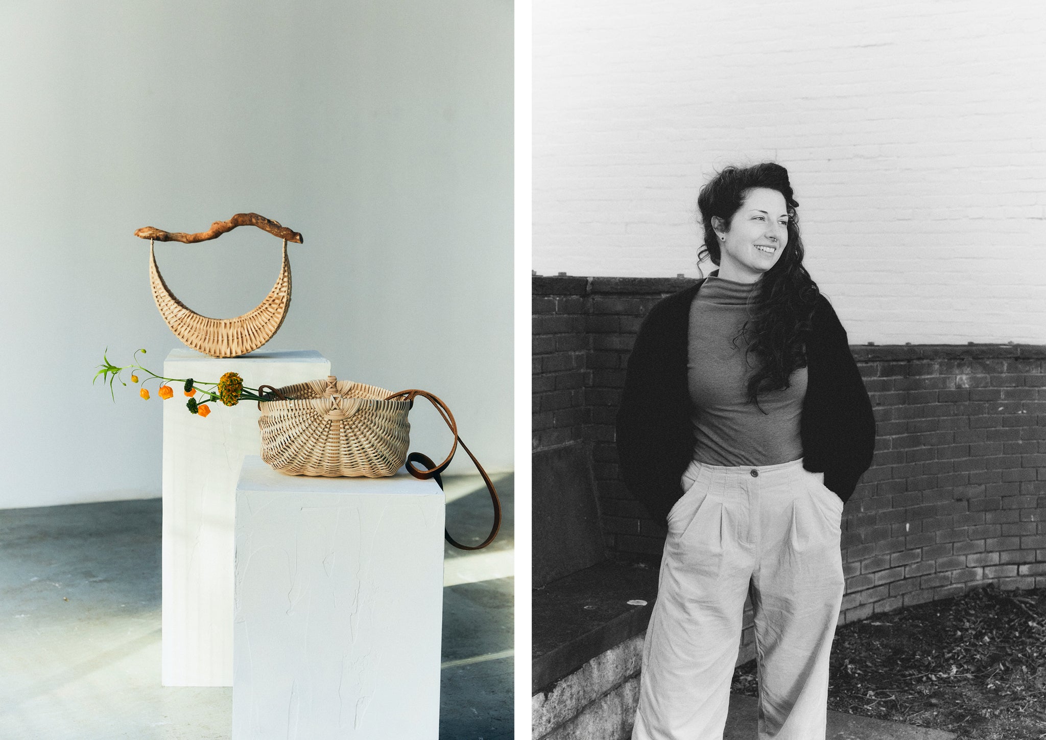 Woven baskets with flowers in them displayed on white plinths