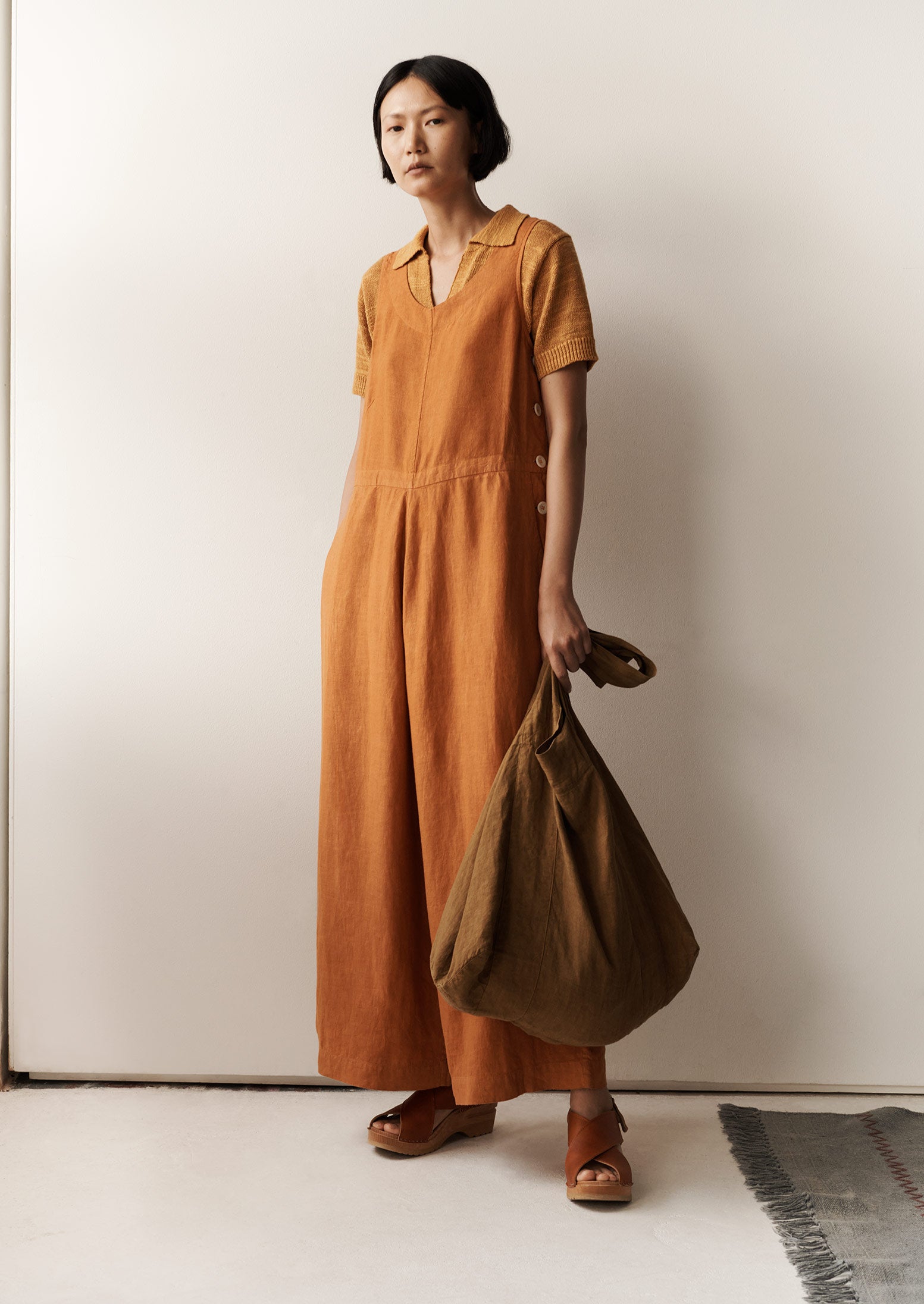 Garment Dyed Linen Side Button Jumpsuit | Copper