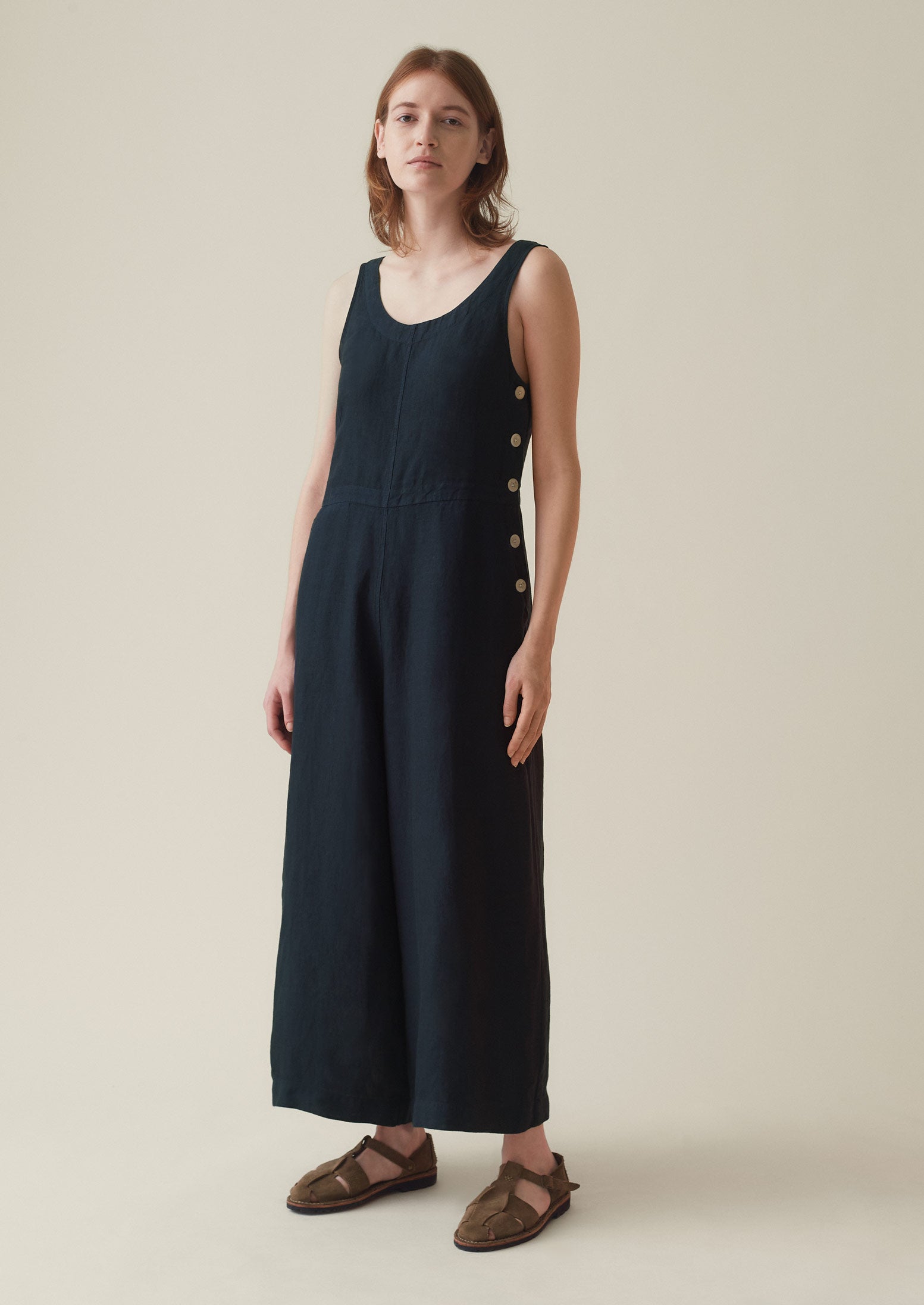 Garment Dyed Linen Side Button Jumpsuit | Midnight