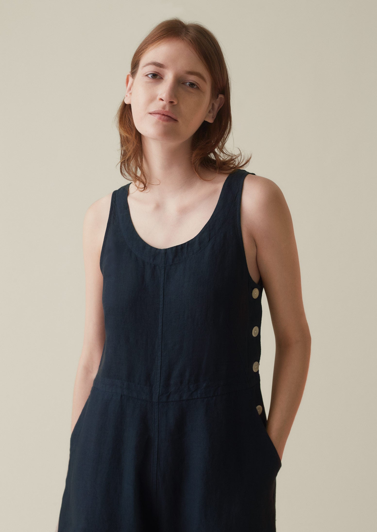 Garment Dyed Linen Side Button Jumpsuit | Midnight