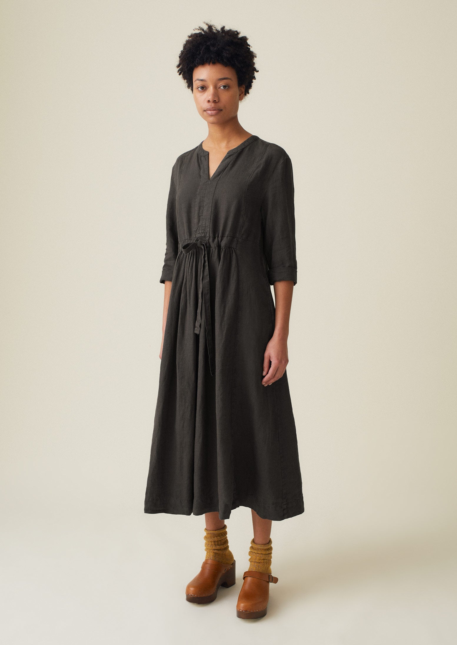 Gathered Garment Dyed Linen Dress | Liquorice