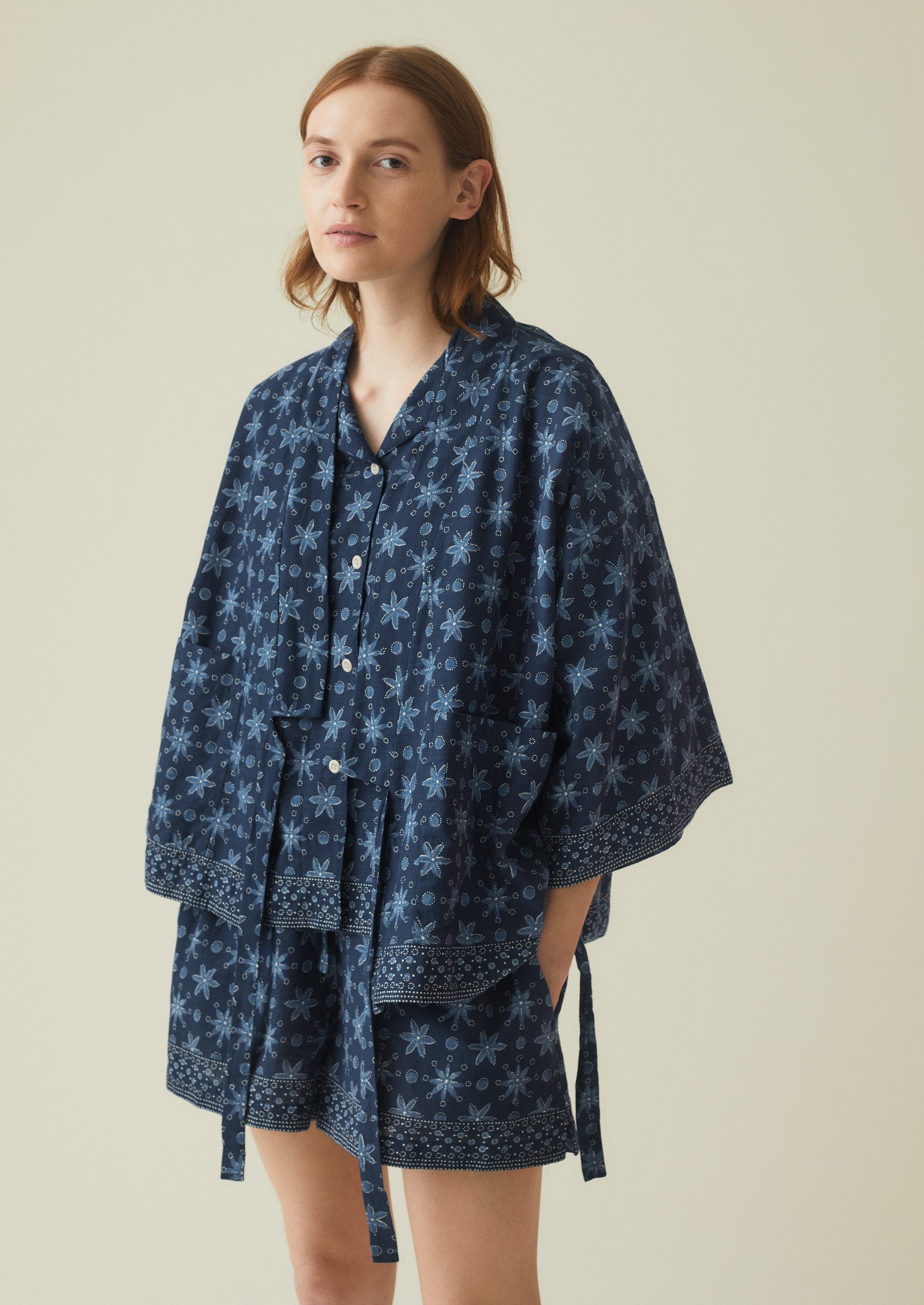 Starfish Print Cotton Lounge Jacket | Denim Blue