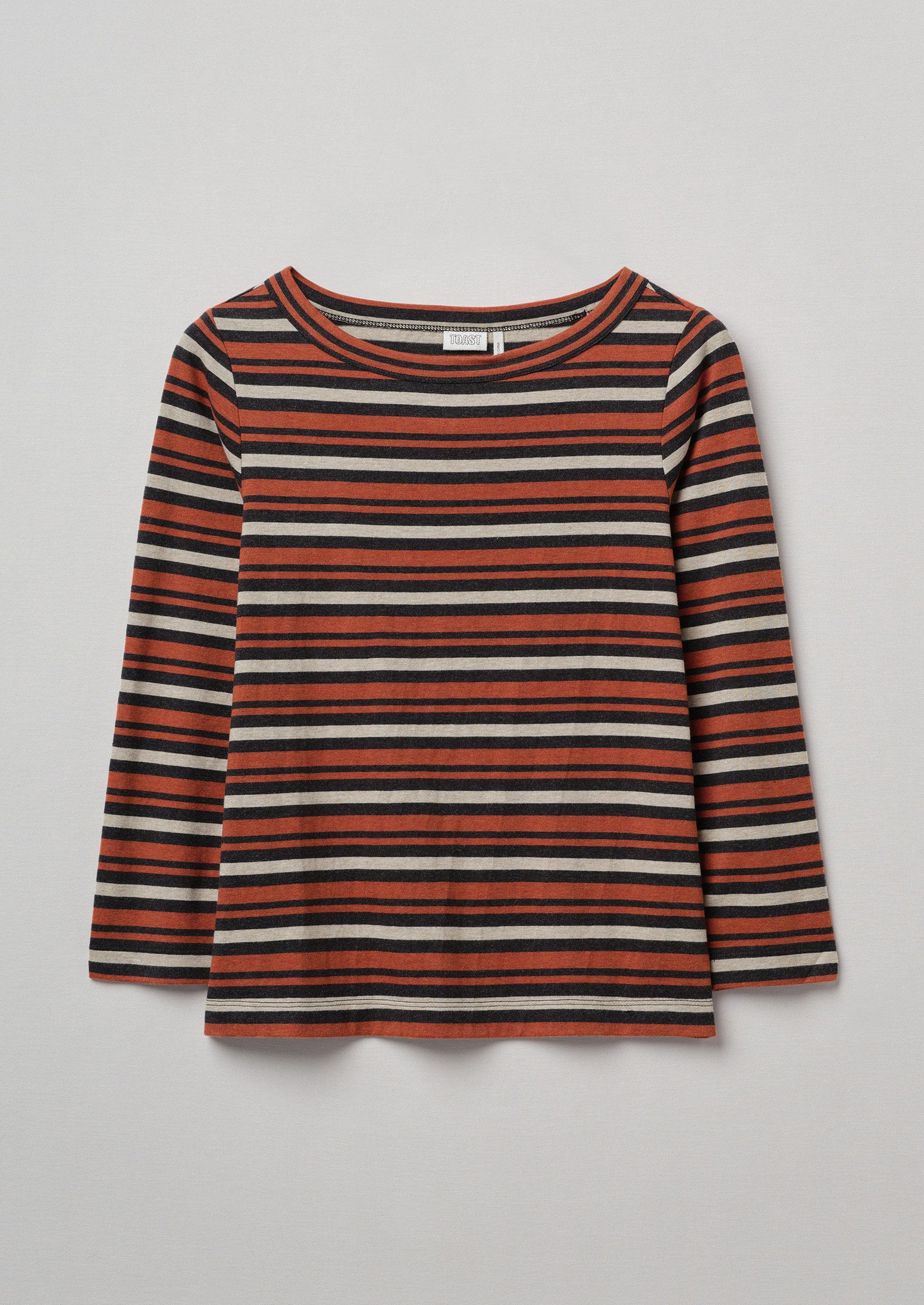 Boat Neck Stripe Organic Cotton Tee | Charcoal/Rust