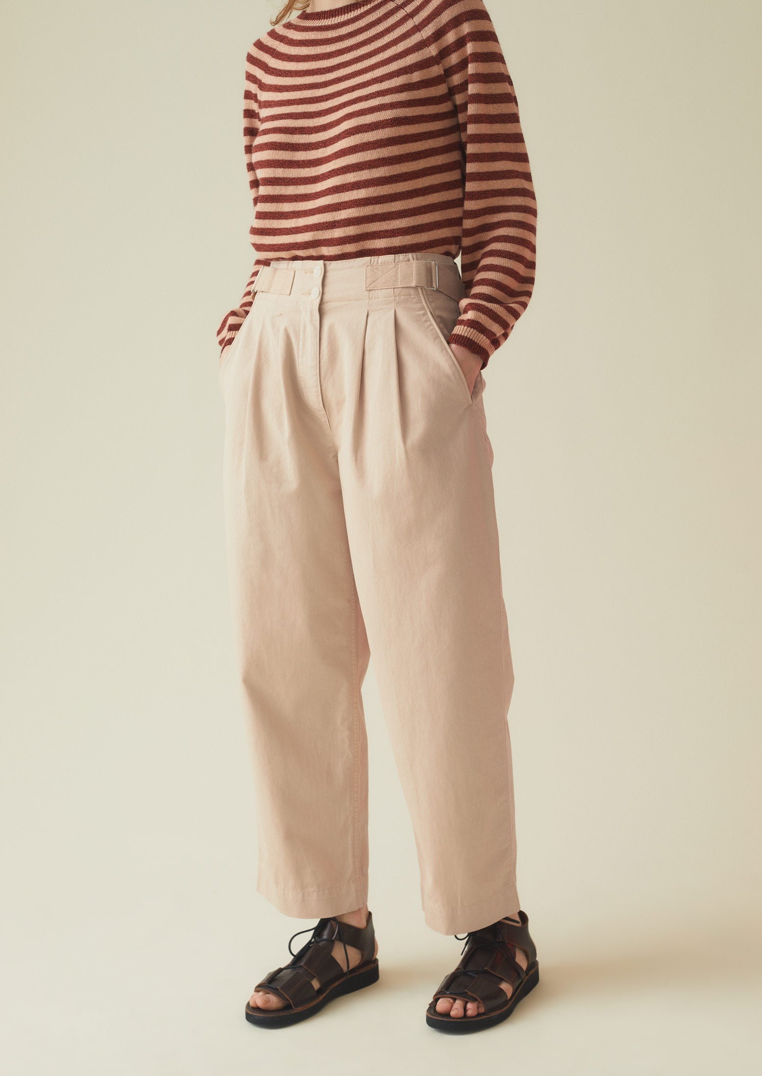 Side Tab Cotton Linen Twill Trousers | Shell