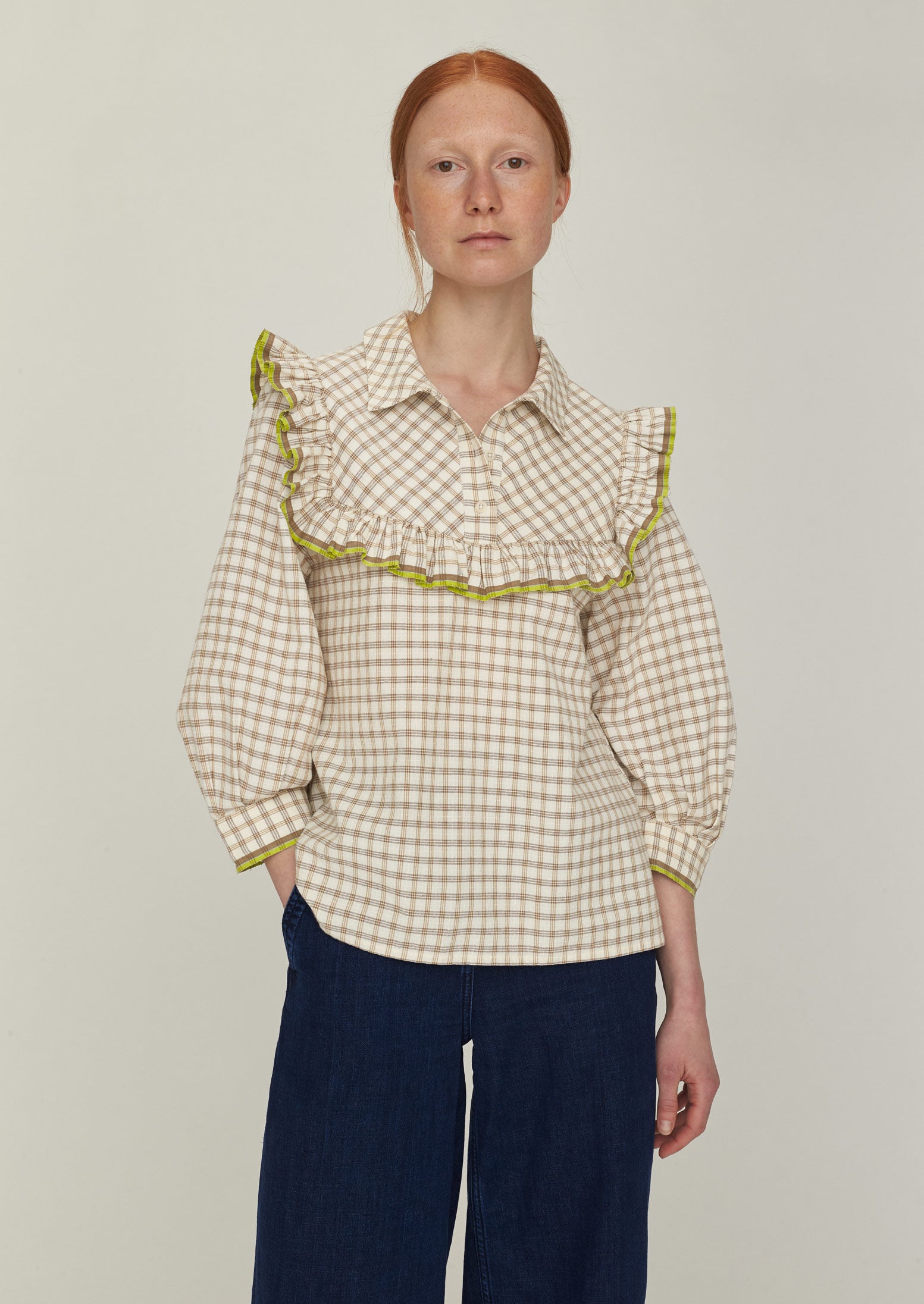 Ruffled Check Mulmul Shirt | Ecru