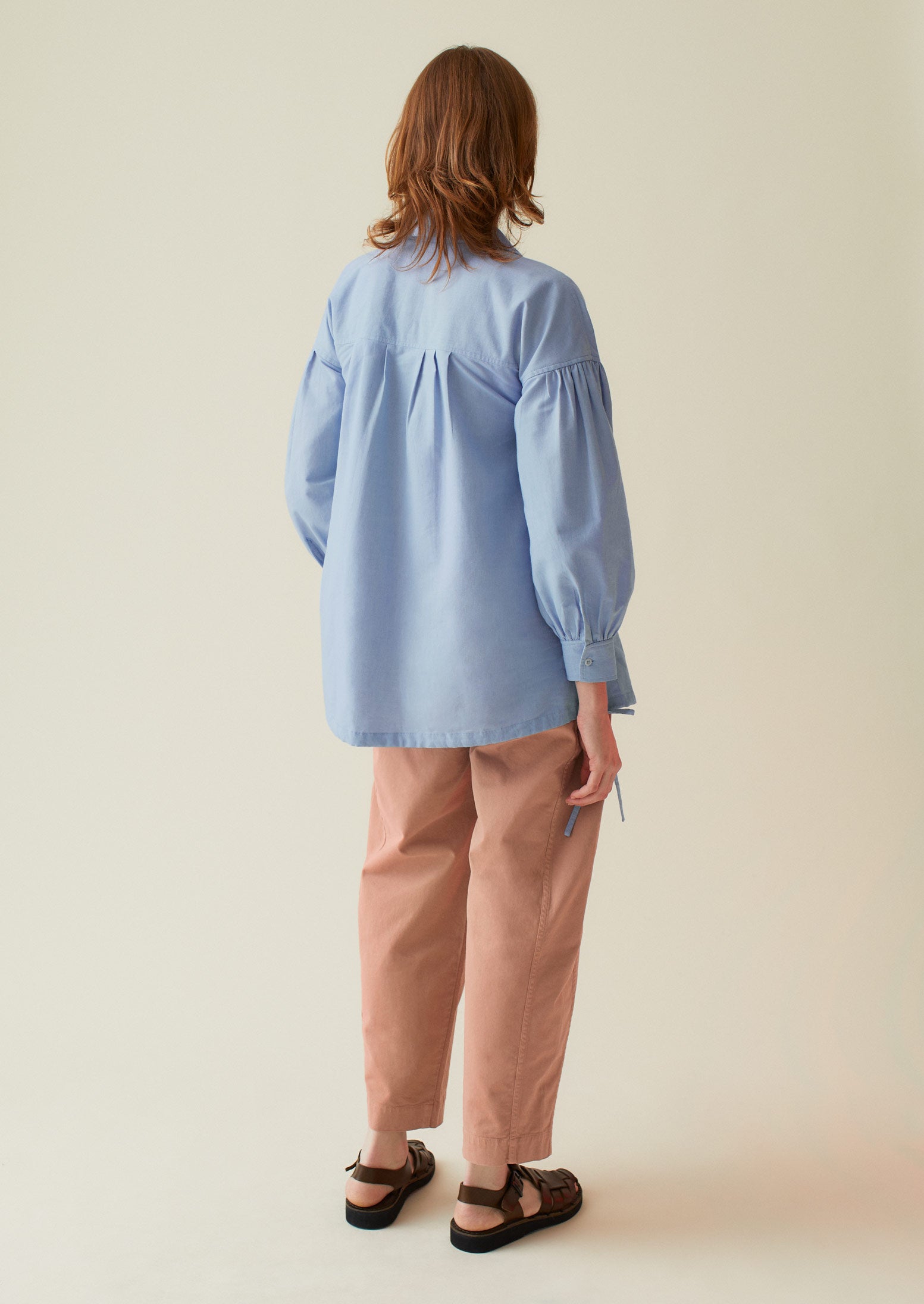 Gathered Sleeve Cotton Oxford Shirt | Chambray