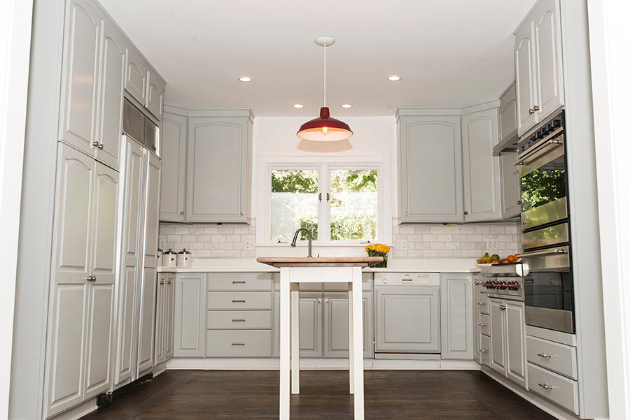 Benjamin Moore Paint, Coventry Gray Benjamin Moore, Gray Kitchens, Red Pendant Light, Lauren Combs House, Ann Sachs Carrara Marble Tile, Ann Sachs Tile 