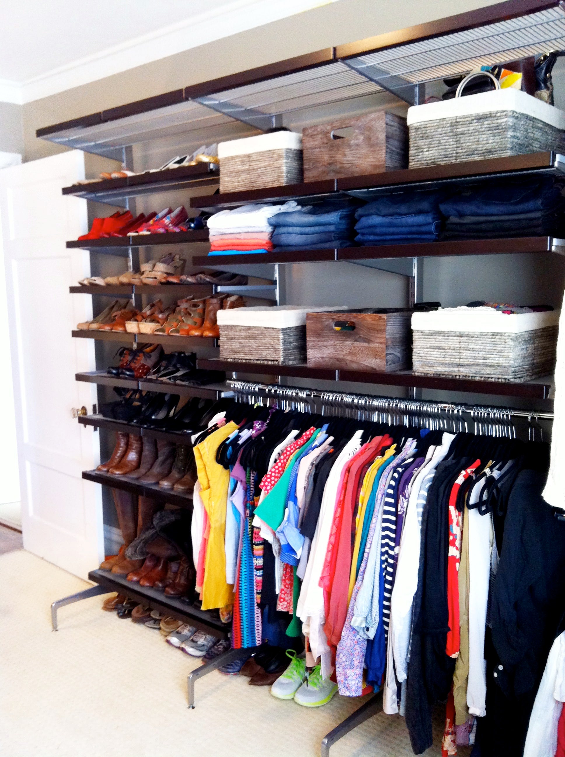 Brit Morin, Brit and Co, closet, full closet, unorganized closet, closet tips, DIY, home decor, home organization, Elfa system, Container Store