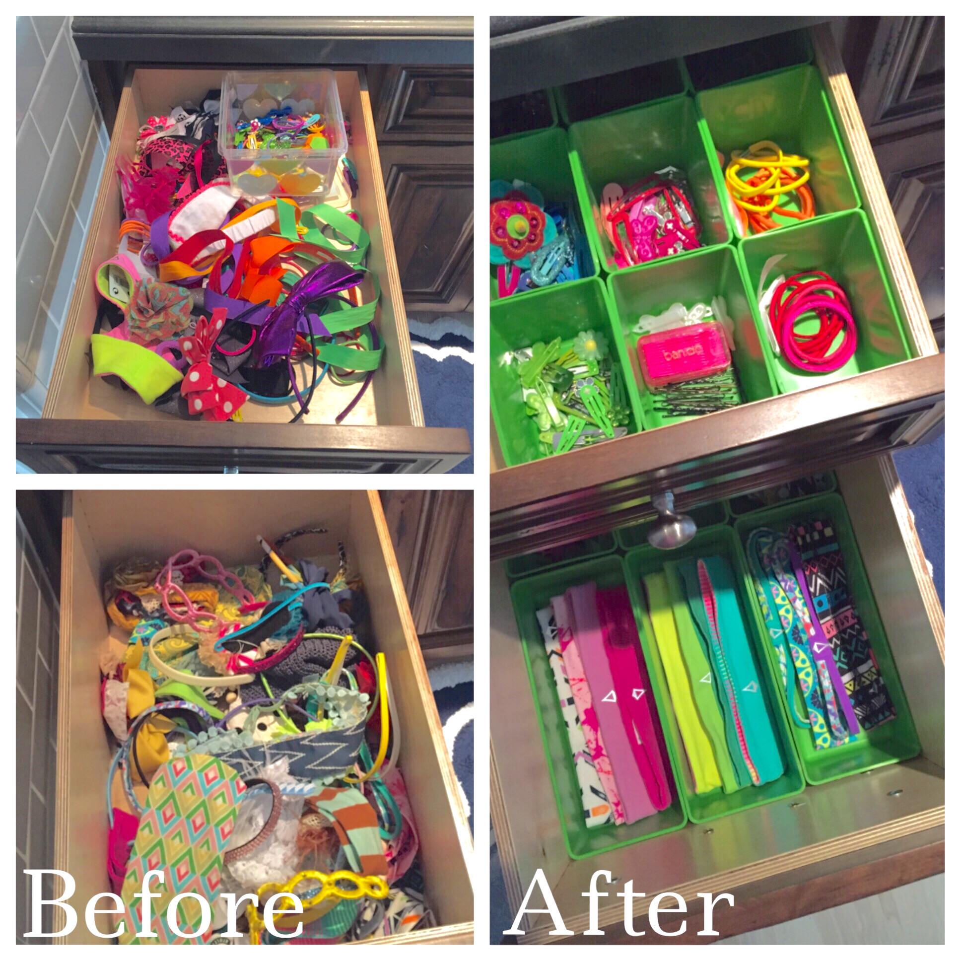 Mika Perry, Scottsdale, Phoenix, bathroom, organized, professional organizer, home organization, before and after, DIY, kids, hair accessories, head bands, bows, hair clips, home organization