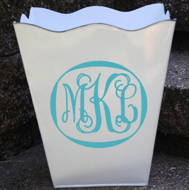 monogrammed bin, monogrammed garbage can, garbage can, halloween, scalloped basket, scalloped garbage bin, white garbage bin, blue monogram, monogram