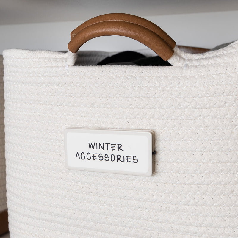 white cotton rope bin with white removable pre-printed label for mudrooms