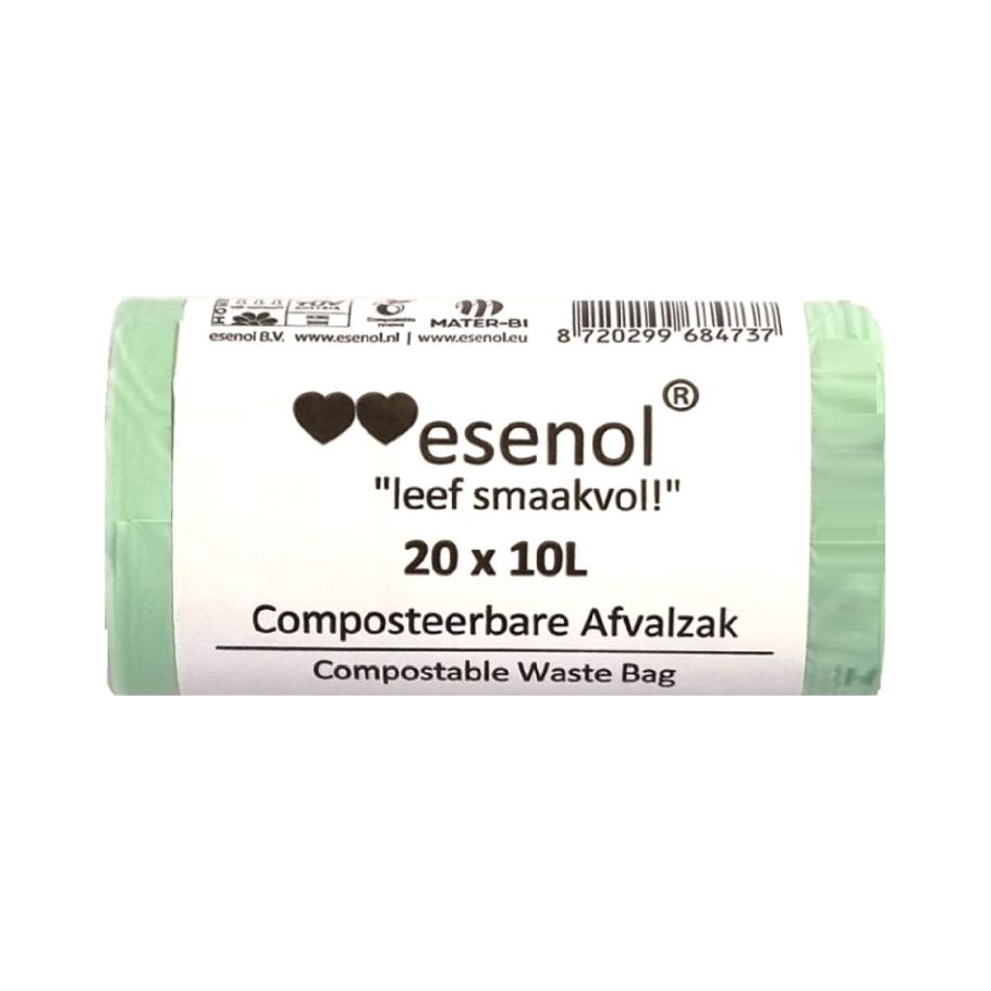 esenol Composteerbare Afvalzakken 10 liter 20 stuks - biozakken - biologisch afbreekbare afvalzakken – 100% composteerbare vuilniszakken - gft afvalzakken - kiemplant logo