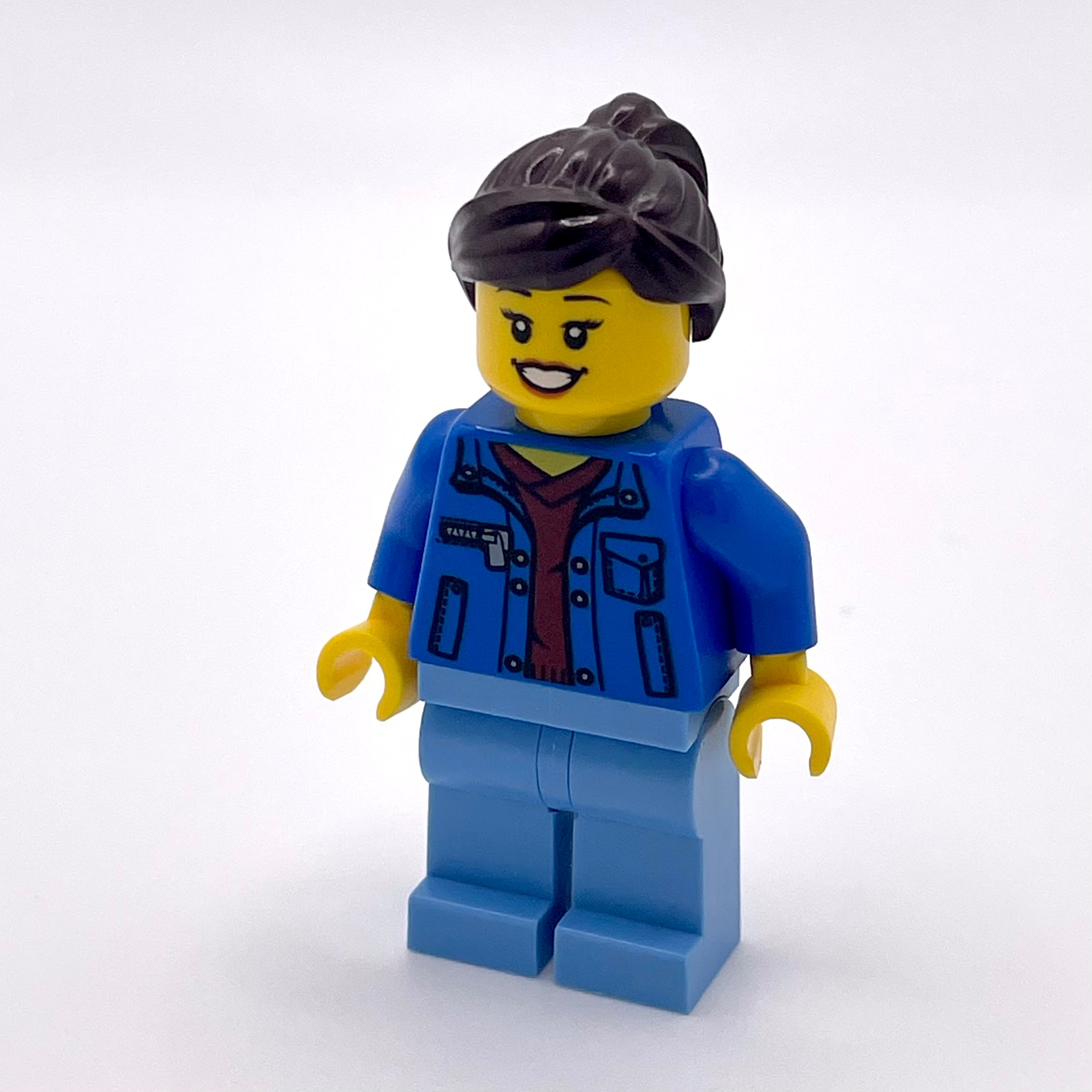 Woman - Blue Jacket over Dark Red V-Neck Sweater, Dark Brown Hair