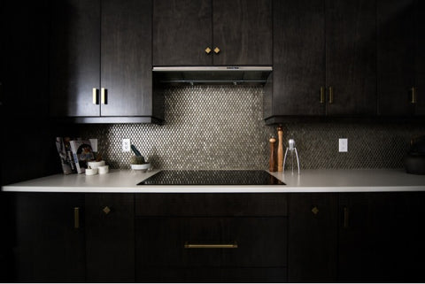 a kitchen counter and cabinets