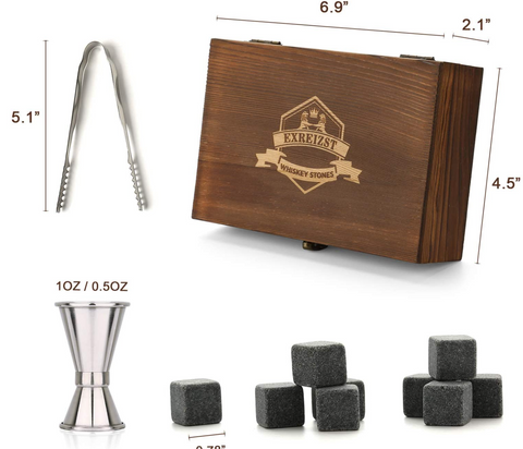 Whiskey Stones Gift Set - 9 Granite Chilling Stones Whisky Rocks - Reusable Ice Cubes with Tongs Stopper - Best Drinking Gift