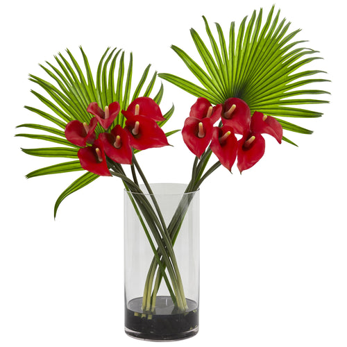 CALLA LILY AND FAN PALM ARTIFICIAL ARRANGEMENT