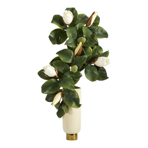 33” MAGNOLIA ARTIFICIAL PLANT IN CREAM PLANTER WITH GOLD BASE