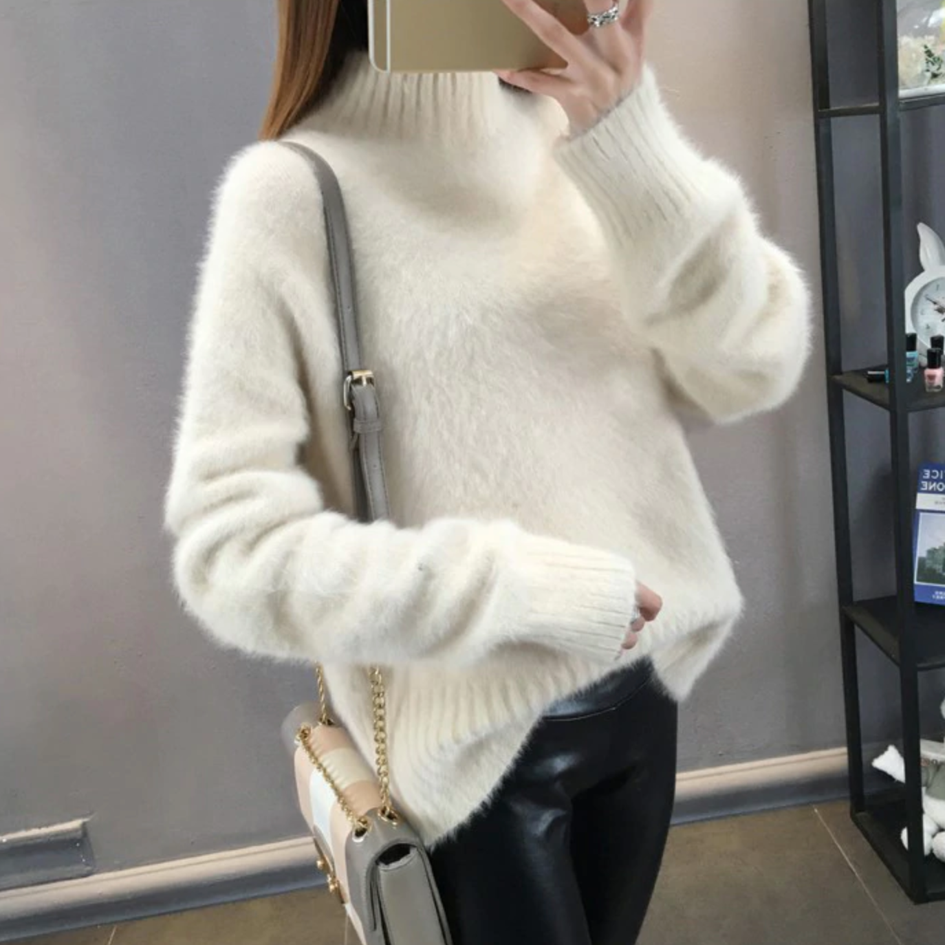 Thick mohair, cashmere turtleneck sweater white-XL 