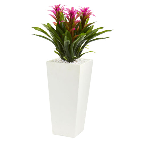 TRIPLE BROMELIAD ARTIFICIAL PLANT IN WHITE TOWER PLANTER