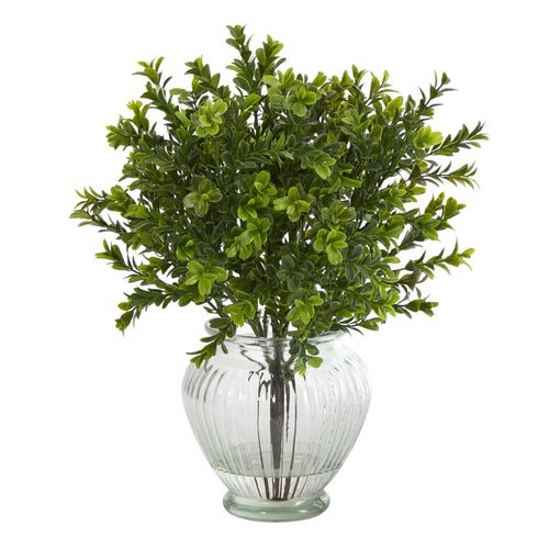 14” BOXWOOD ARTIFICIAL PLANT IN GLASS PLANTER (INDOOR/OUTDOOR)