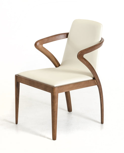WALNUT WOOD AND CREAM FAUX DINING CHAIR